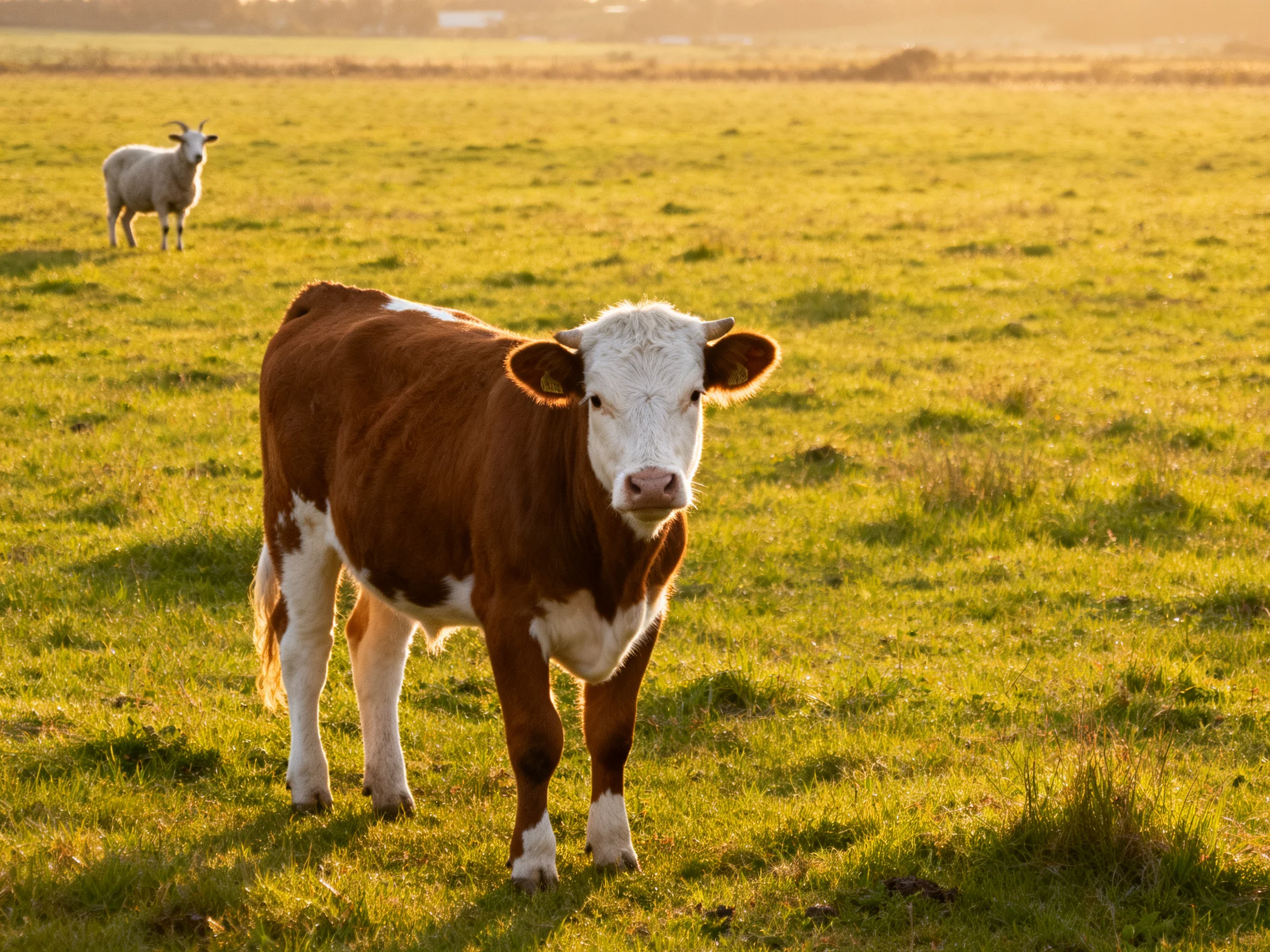 A brown and white cow in a sunlit green pasture with a sheep