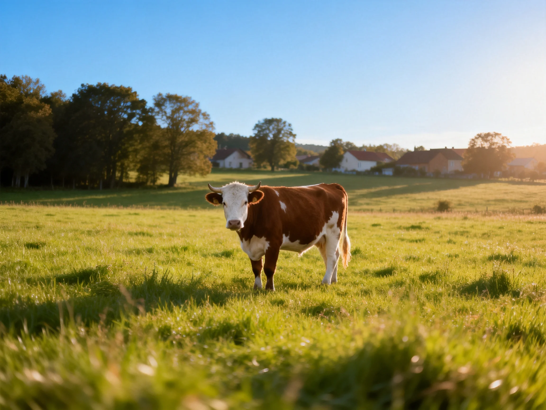A brown and white cow in a sunlit green pasture with distant homes