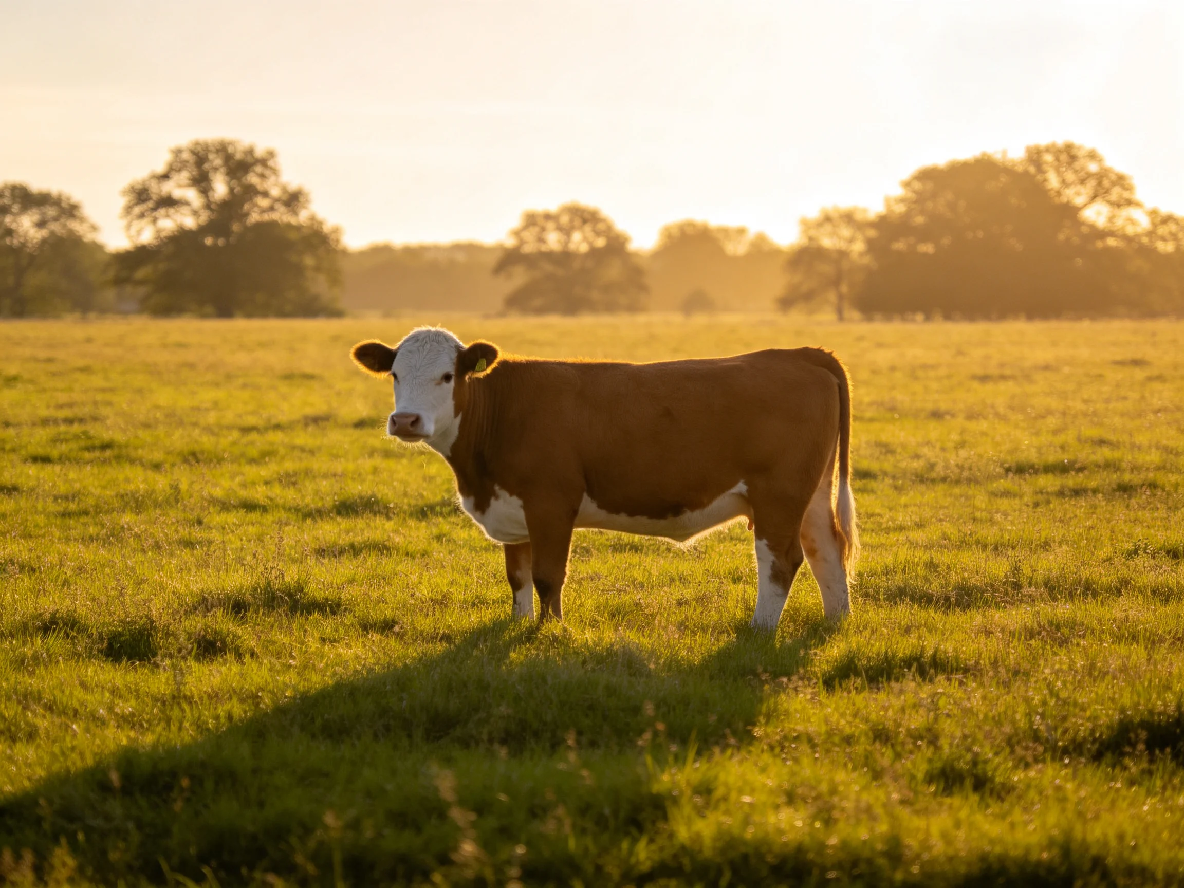A brown and white cow stands in a sunlit green pasture near trees.