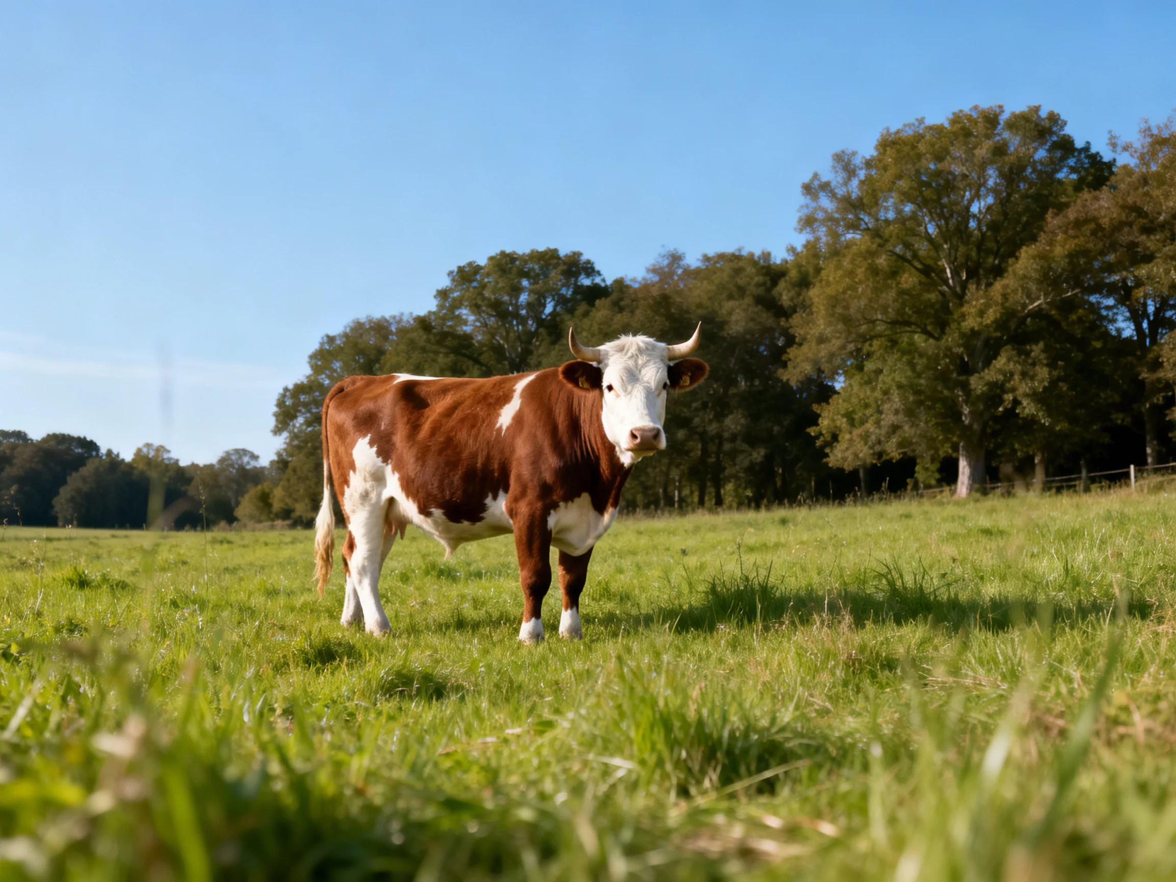 A brown and white cow in a sunlit green pasture with trees