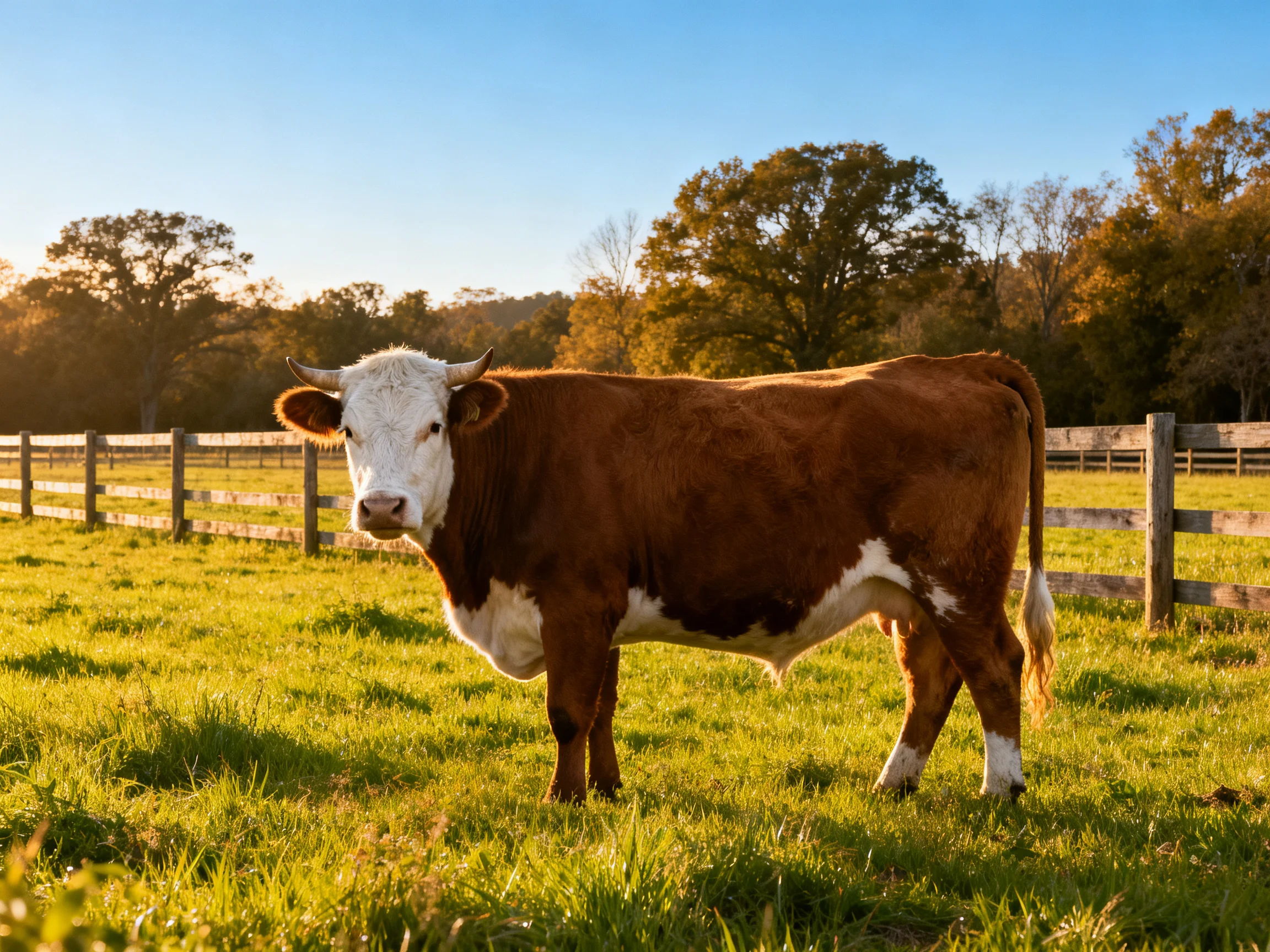 A brown and white cow in a sunlit green pasture with wooden fences