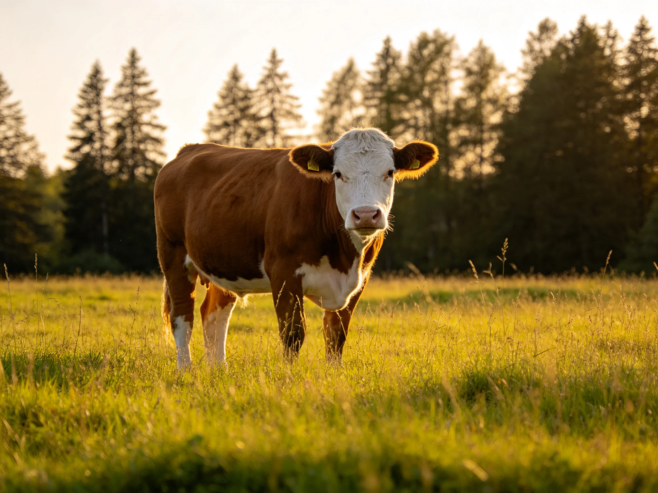A brown and white cow in a sunlit meadow near tall trees