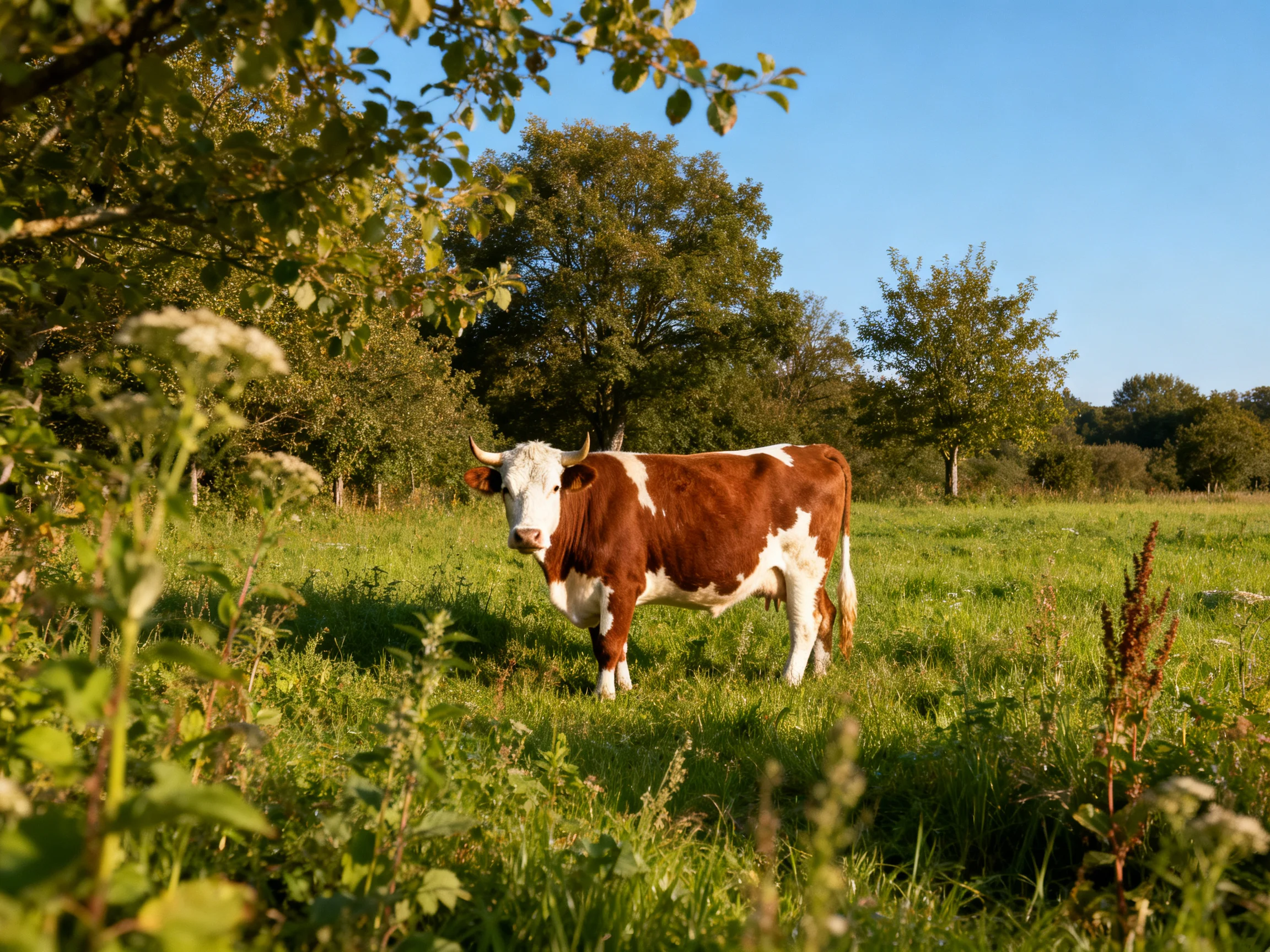 A brown and white cow in a sunlit meadow near trees