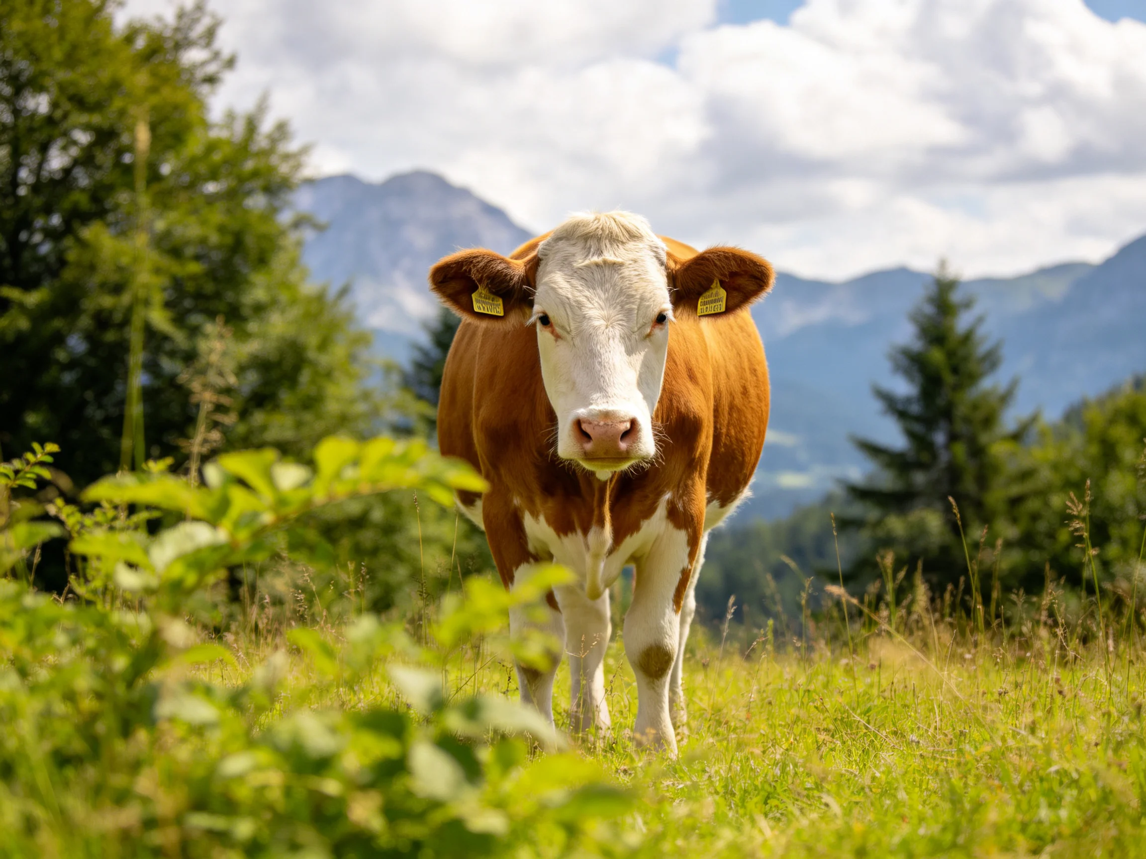 A brown and white cow in a sunlit meadow with distant mountains