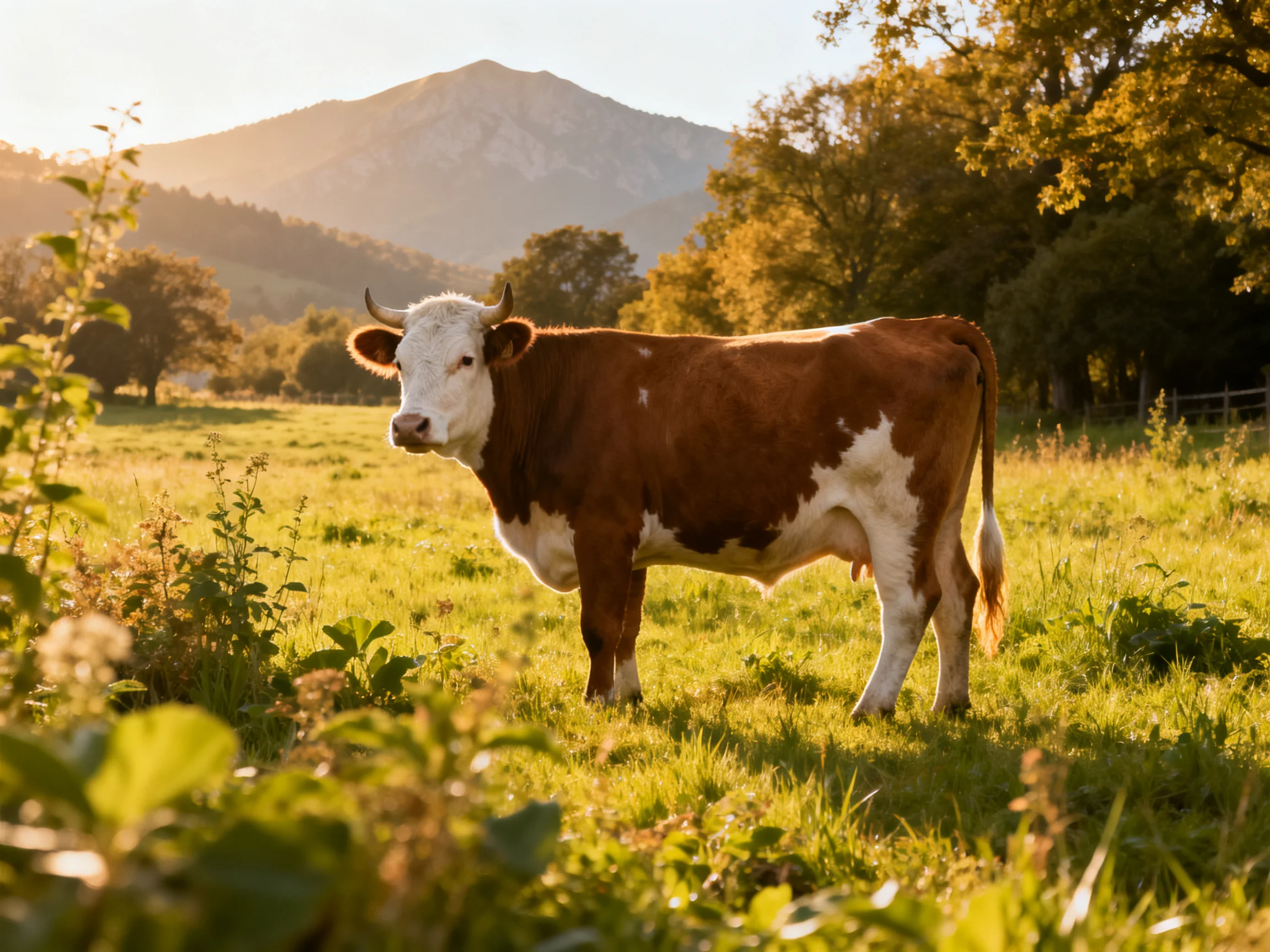 A brown and white cow in a sunlit meadow with distant mountains