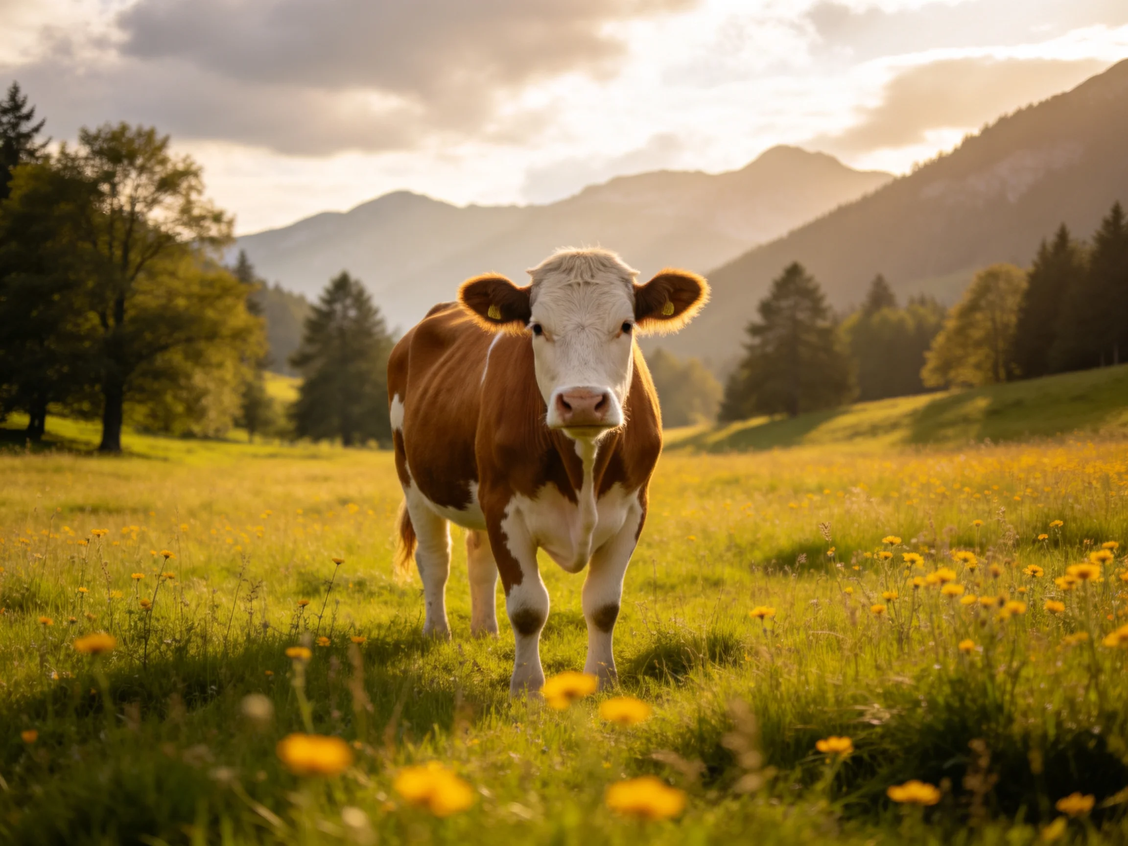 A brown and white cow in a sunlit meadow with yellow wildflowers