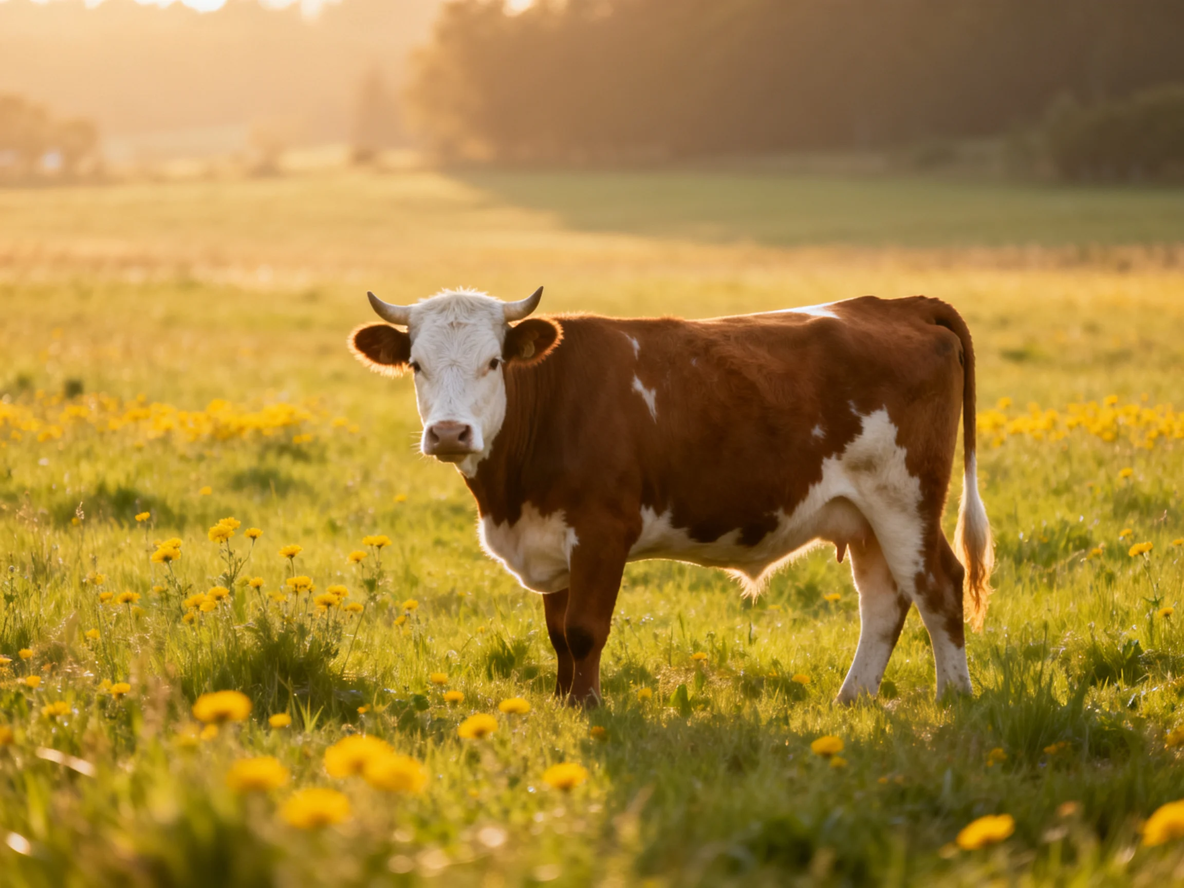 A brown and white cow in a sunlit meadow with yellow wildflowers