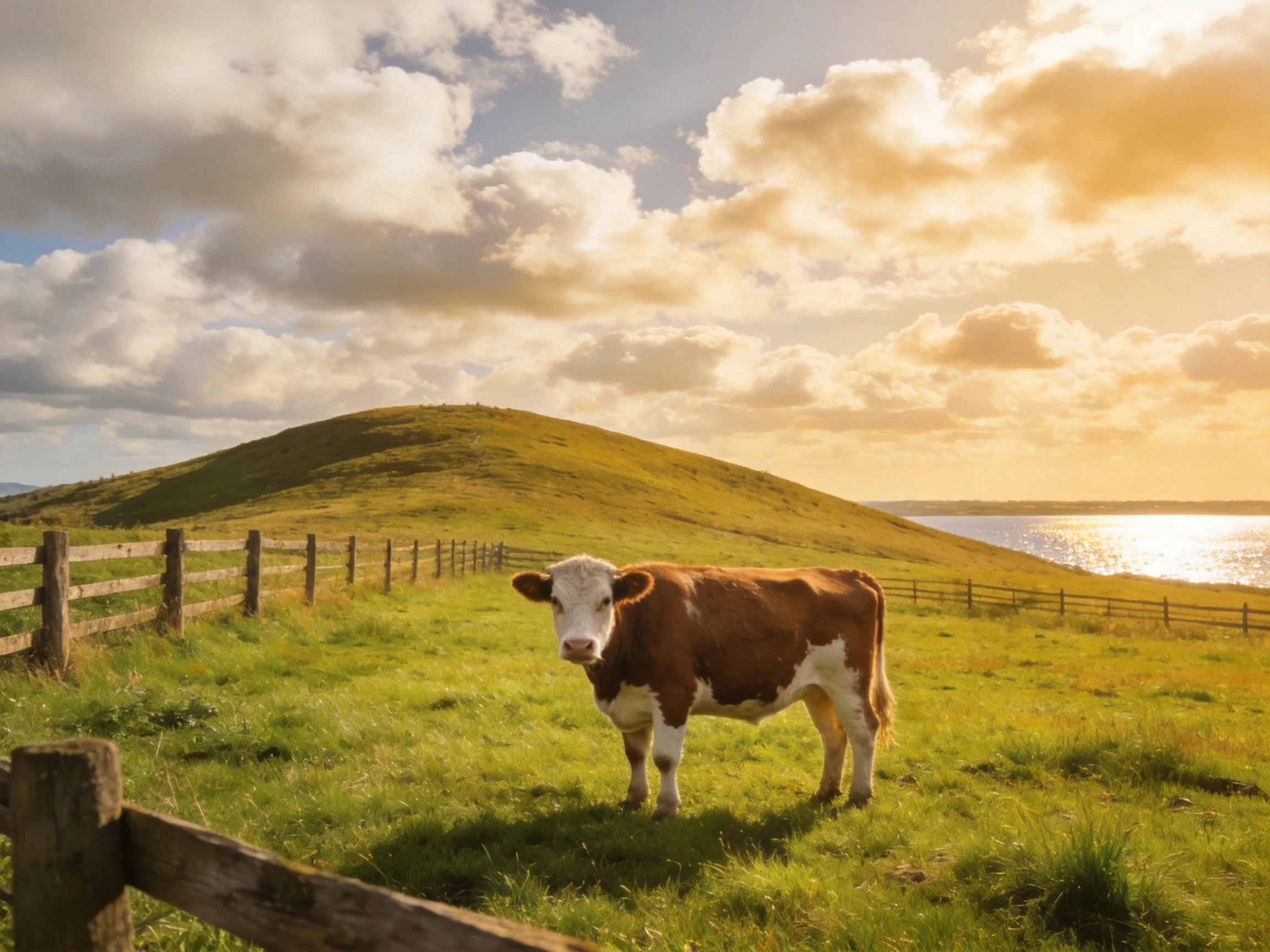 A brown and white cow in a sunlit pasture with a wooden fence
