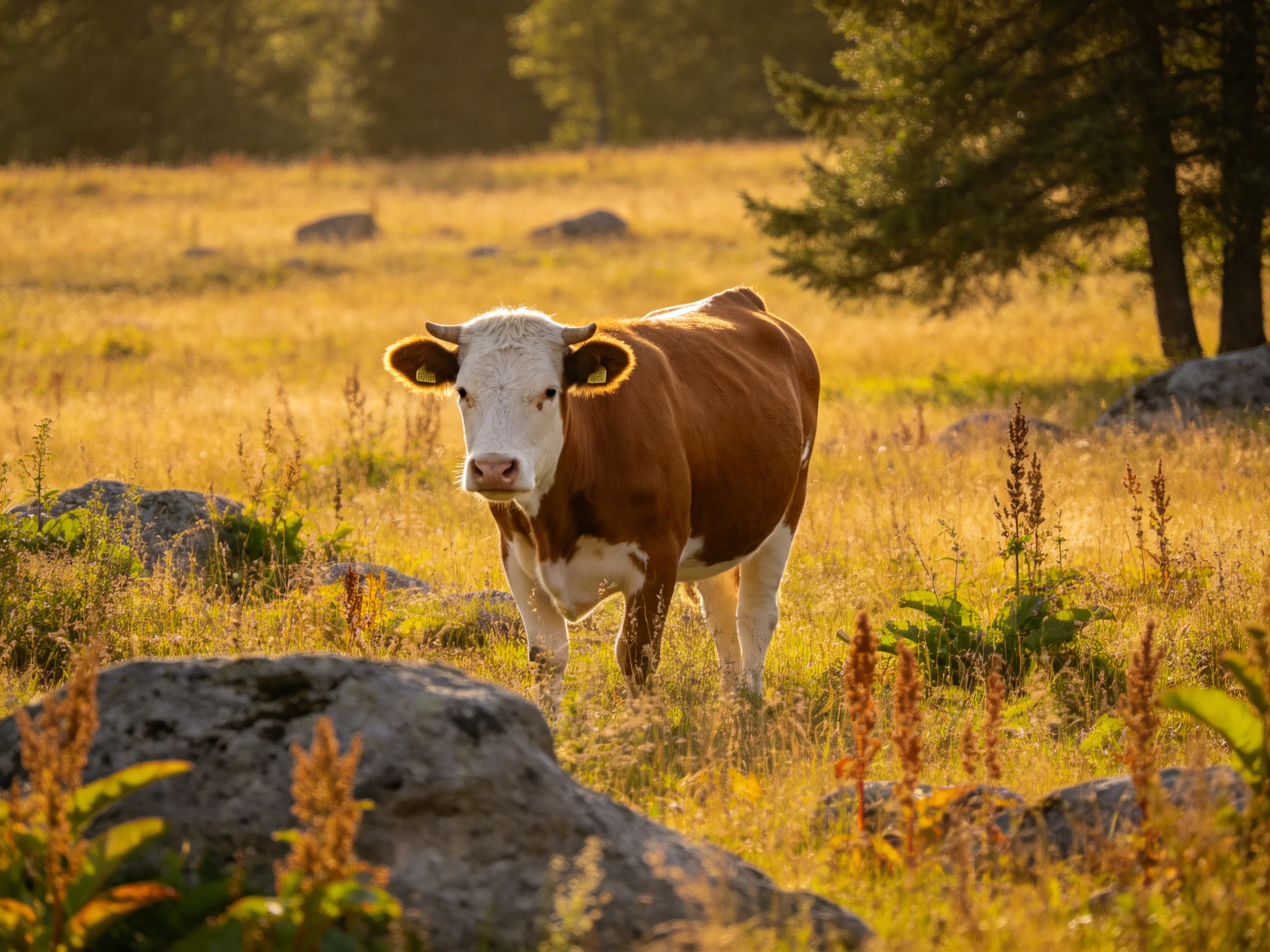 A brown and white cow in a sunlit rocky meadow