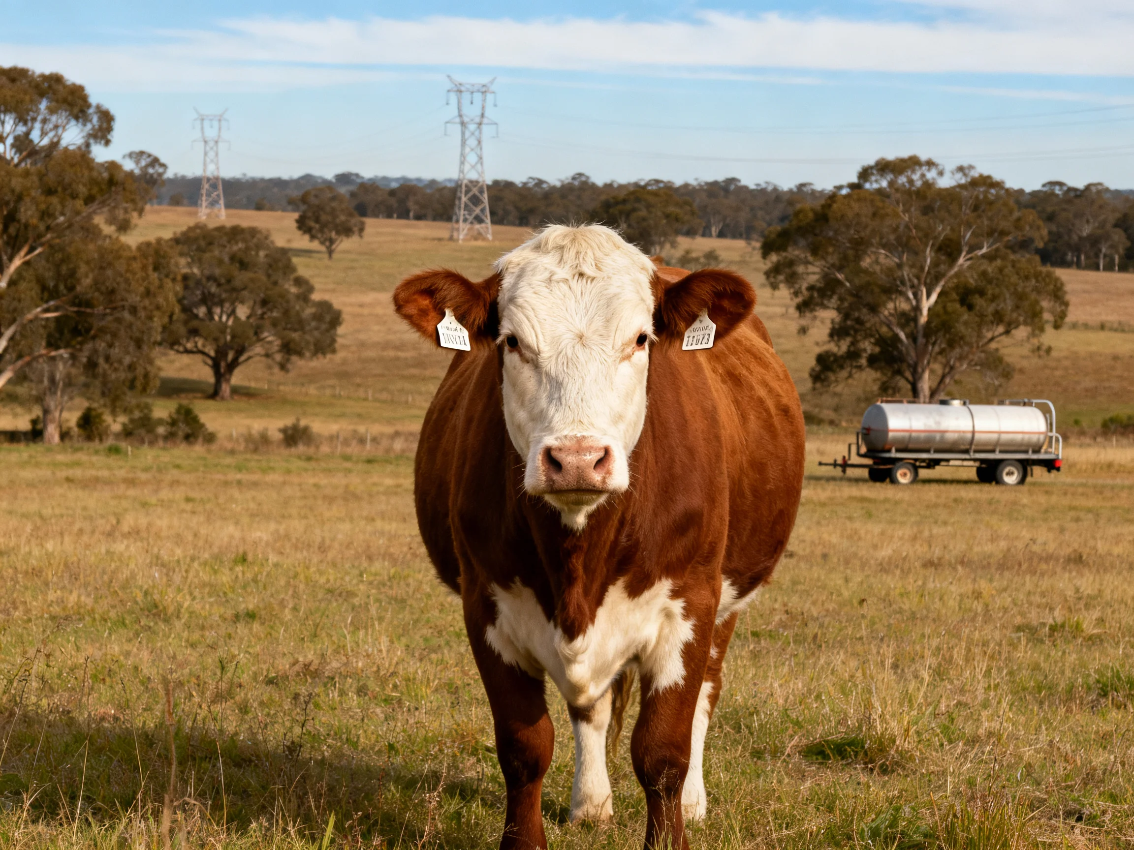 A brown and white cow in a sunlit rural pasture