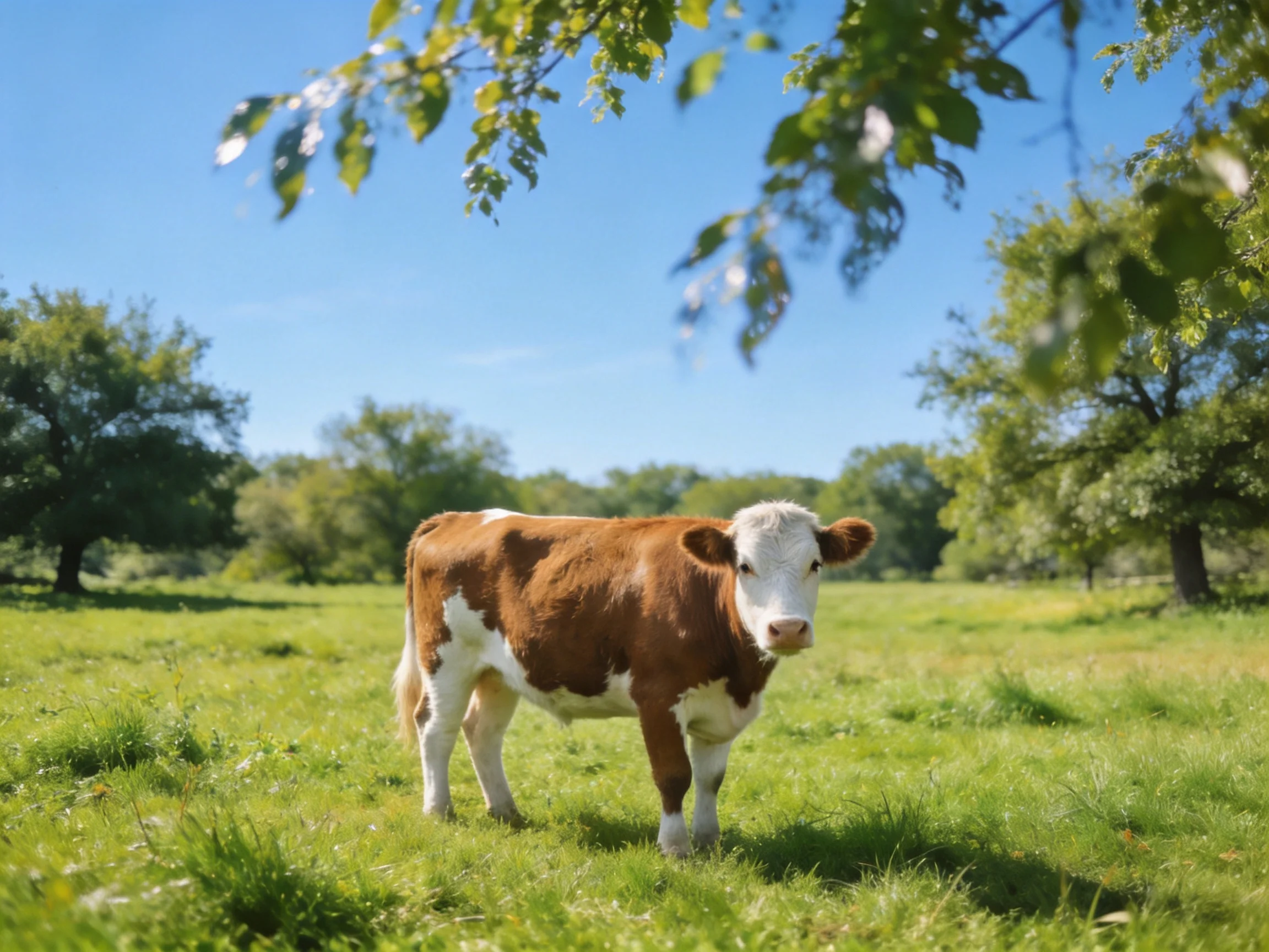 A brown and white cow in a sunny grassy field near leafy trees