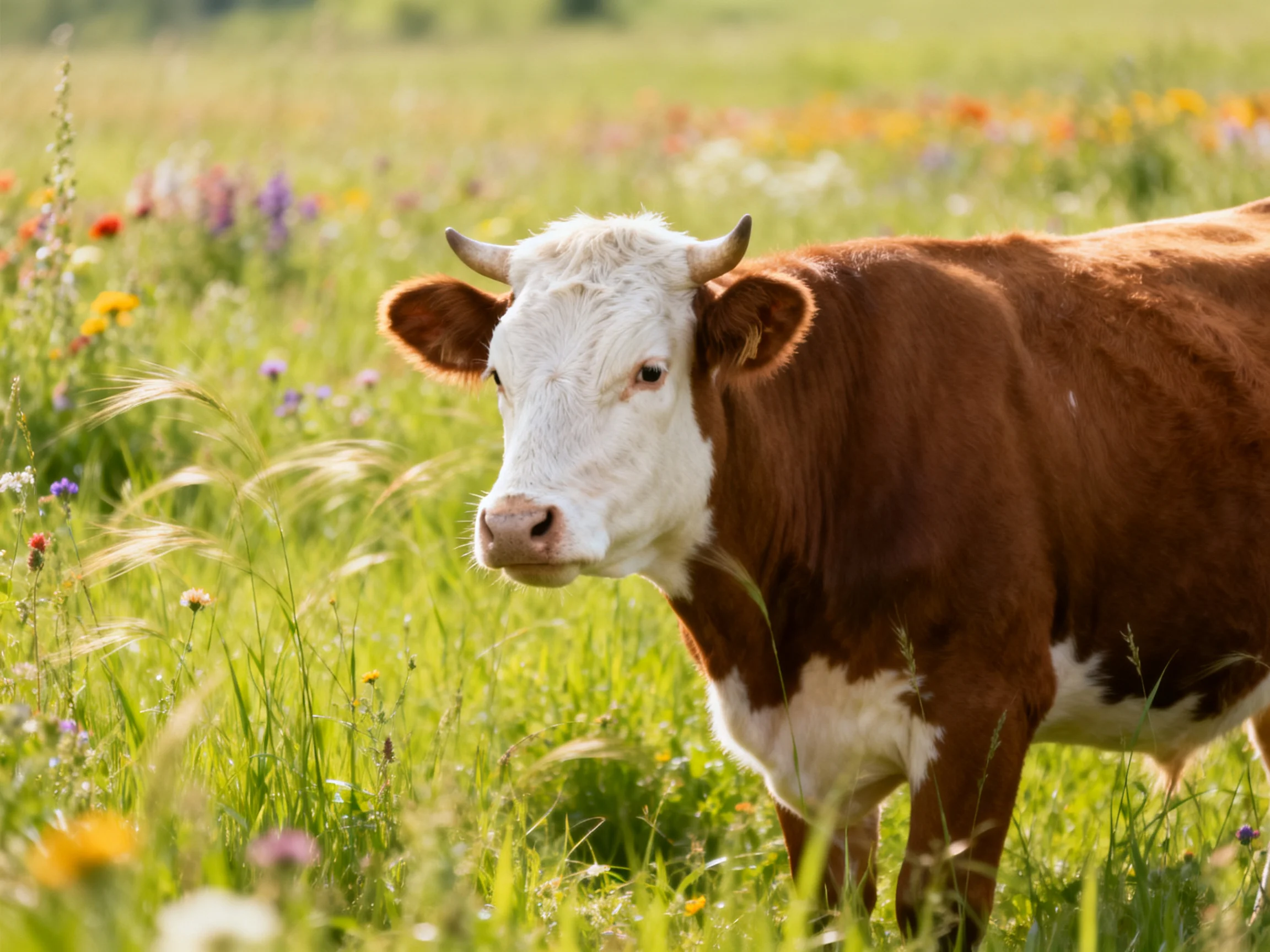 A brown and white cow in a vibrant flower-filled meadow