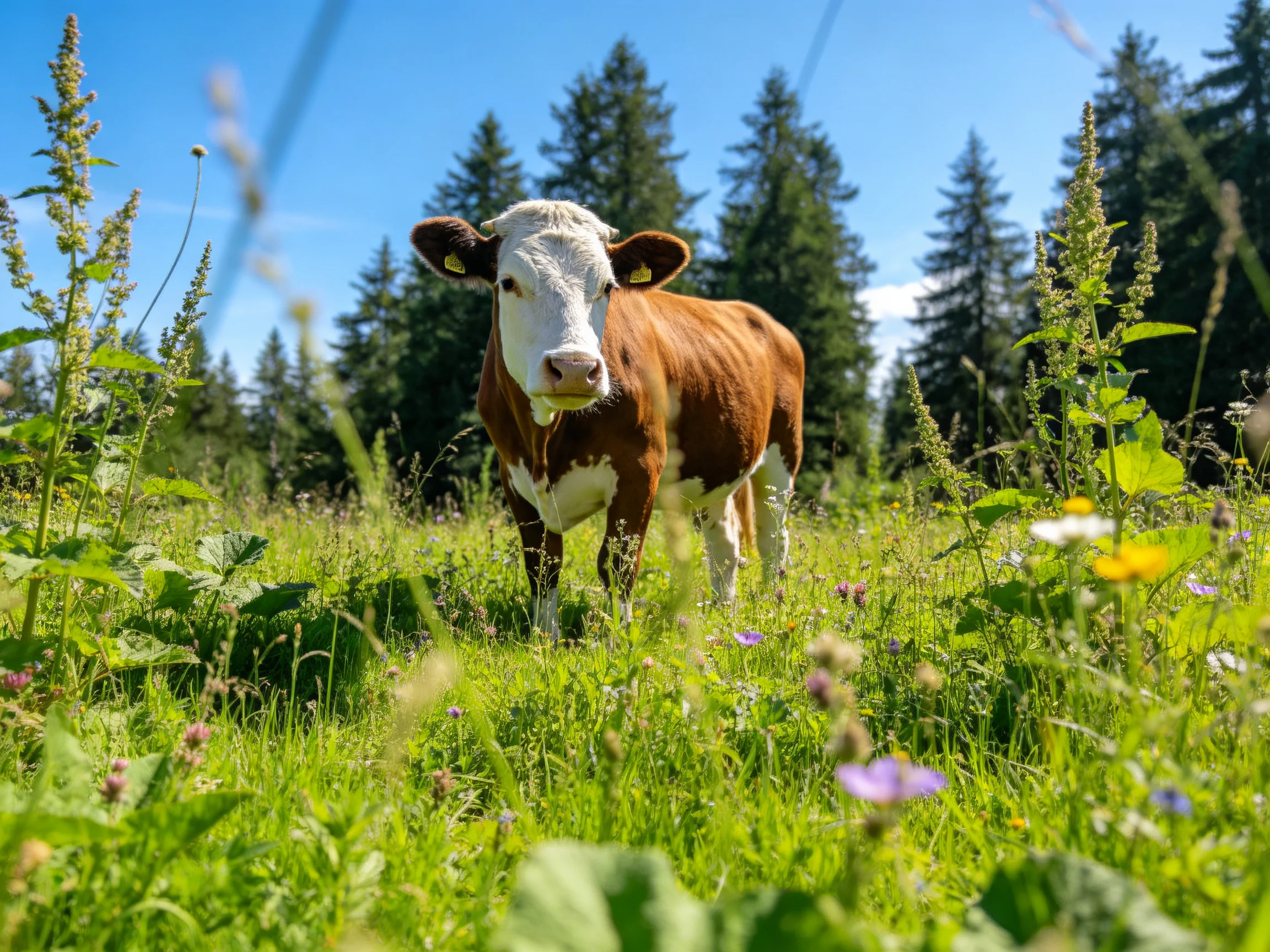 A brown and white cow stands in a sunlit meadow with wildflowers and evergreen trees.