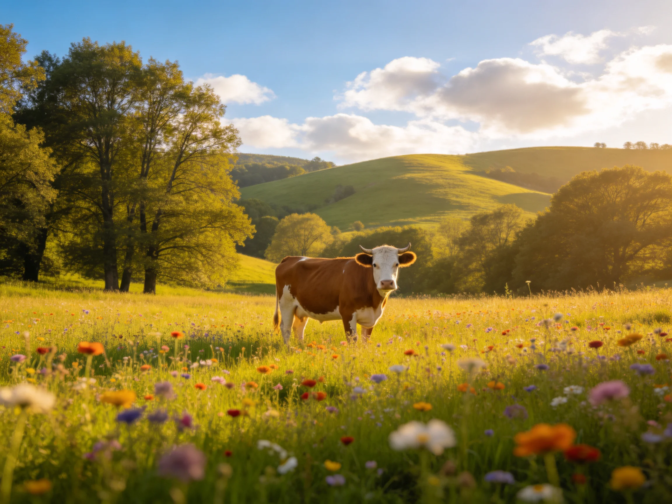 A cow stands in a vibrant meadow with rolling hills and trees.