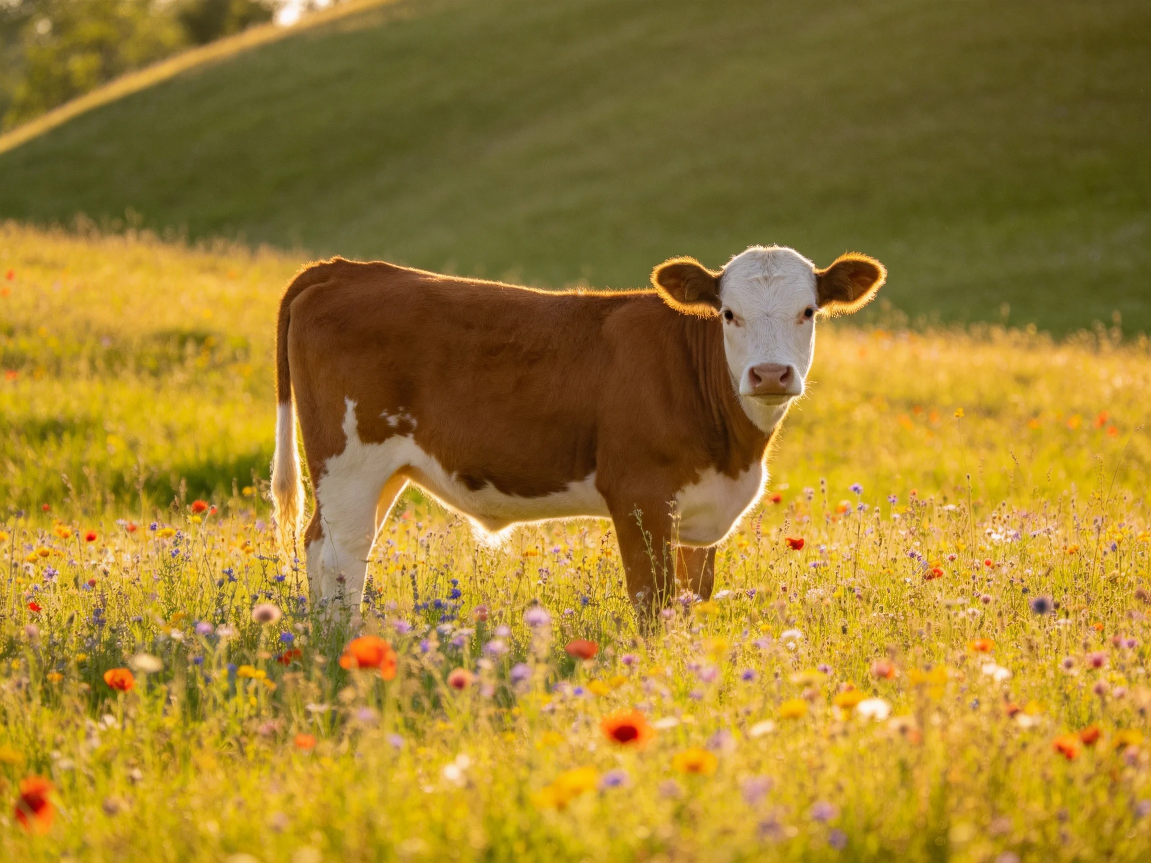 A brown and white cow stands in a colorful wildflower meadow with green hills in the background.