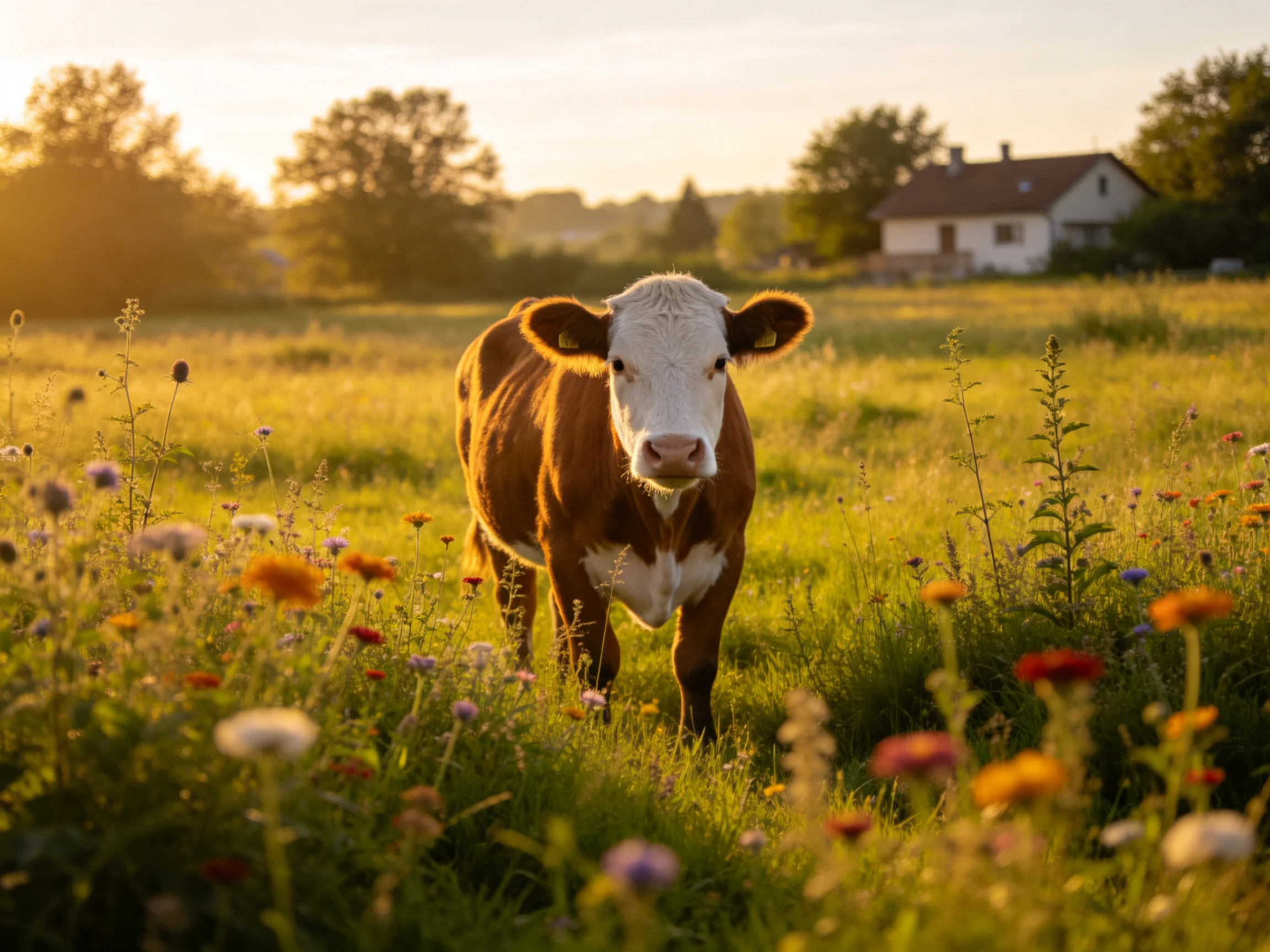 A brown and white cow in a wildflower-filled meadow near a countryside house