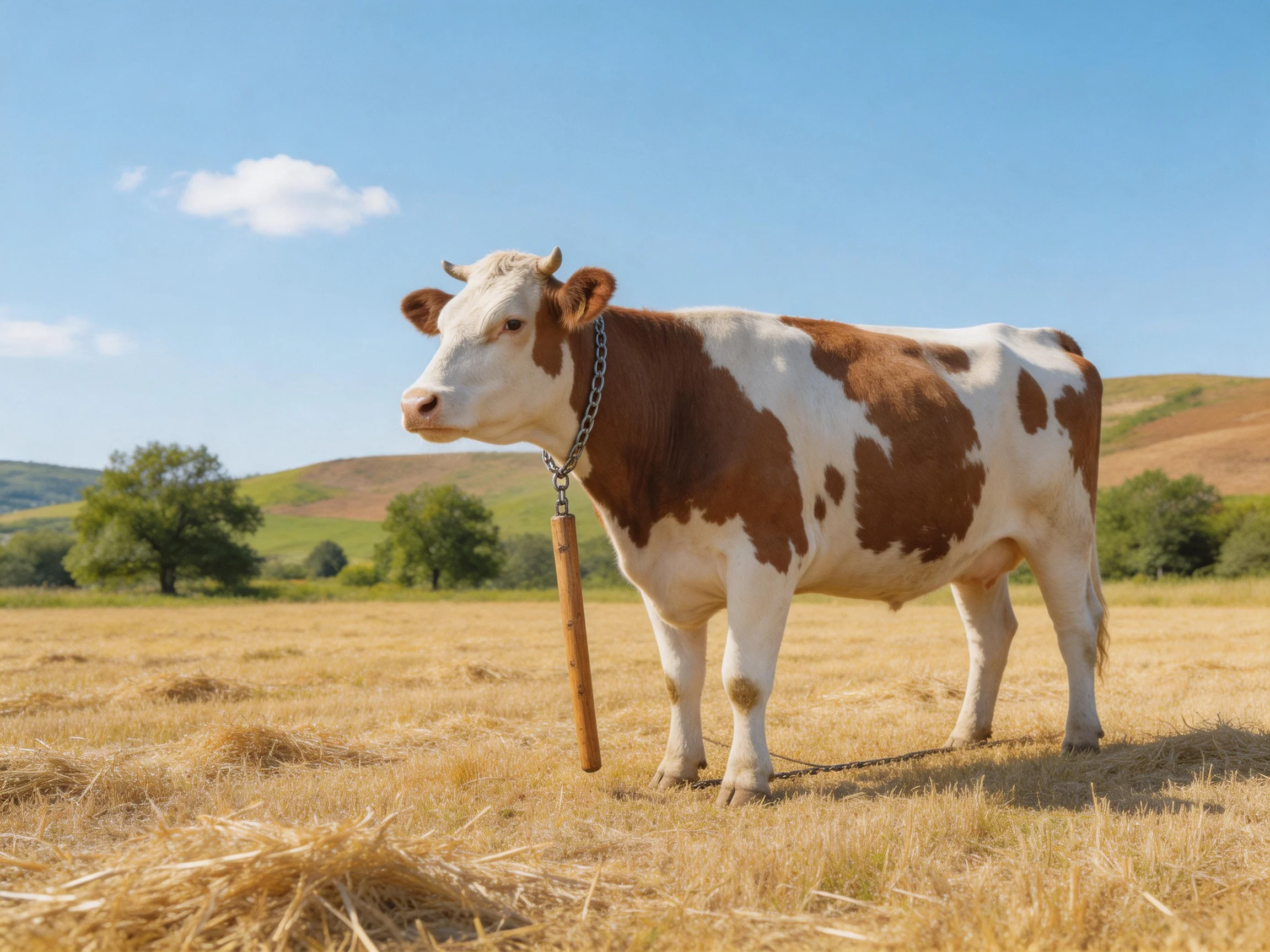 A brown and white cow in sunlit golden hayfield with rolling green hills