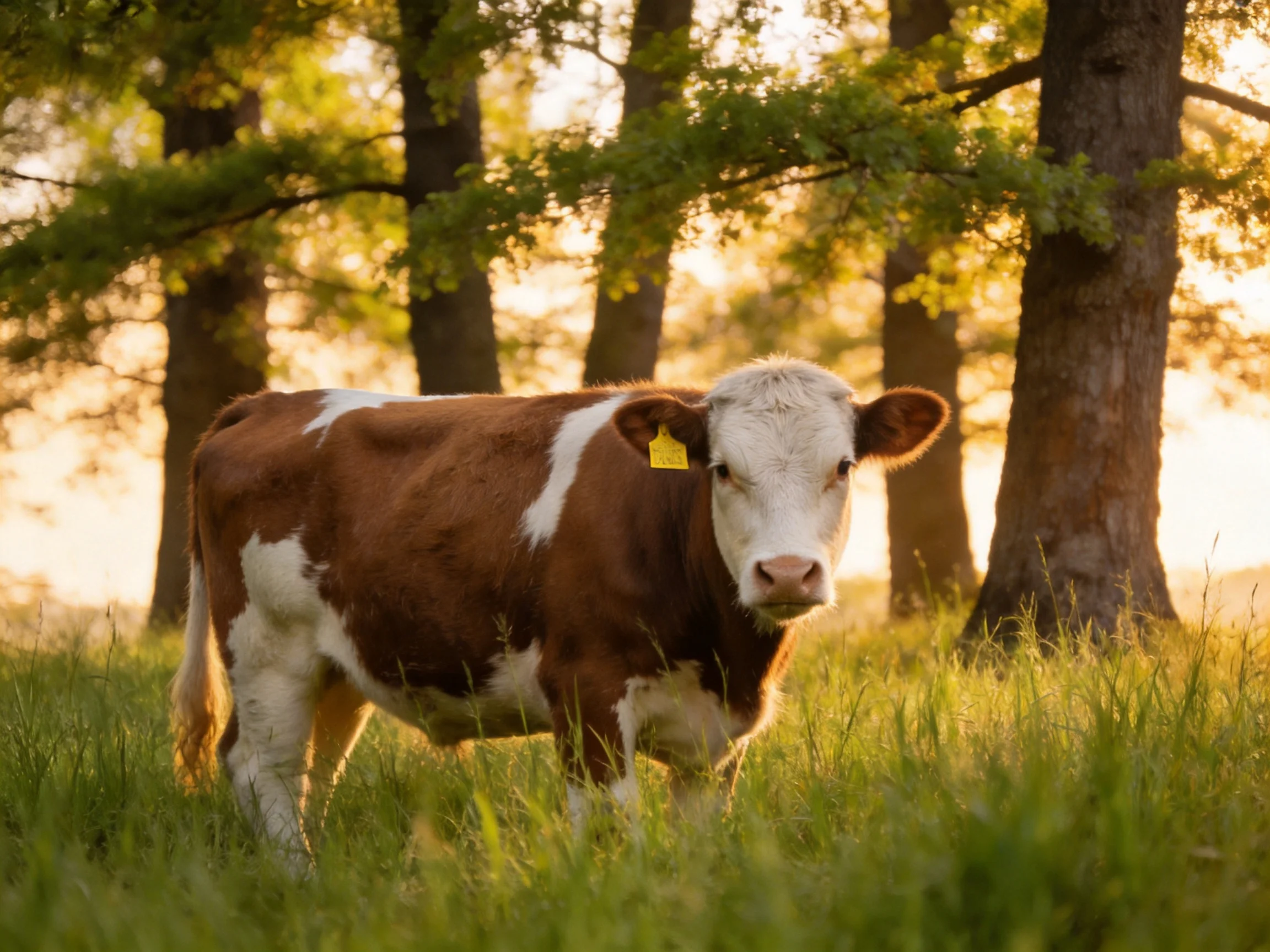 A brown and white cow in tall green grass near trees at golden hour