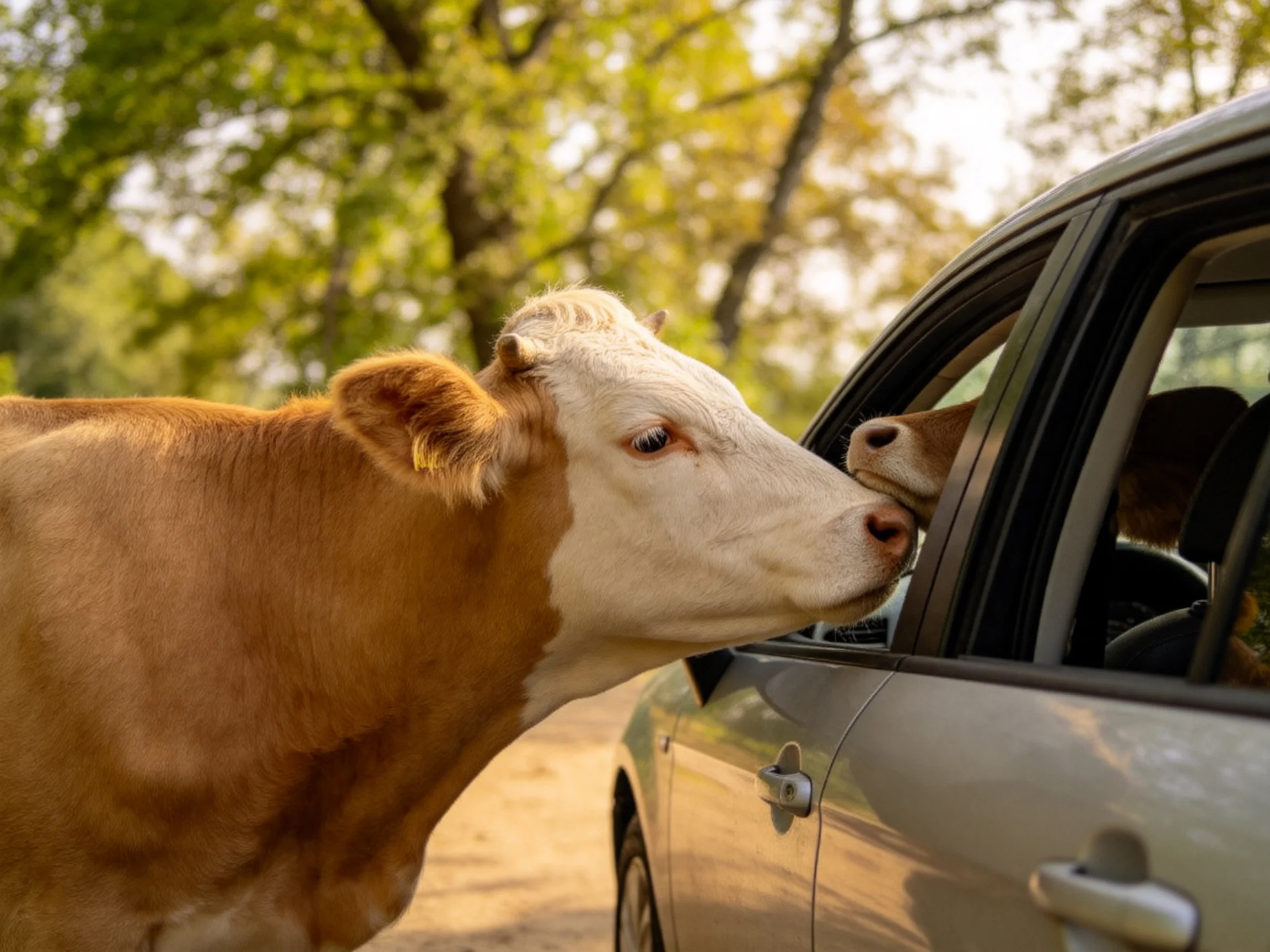 A brown and white cow interacts with a silver car as another cow looks out