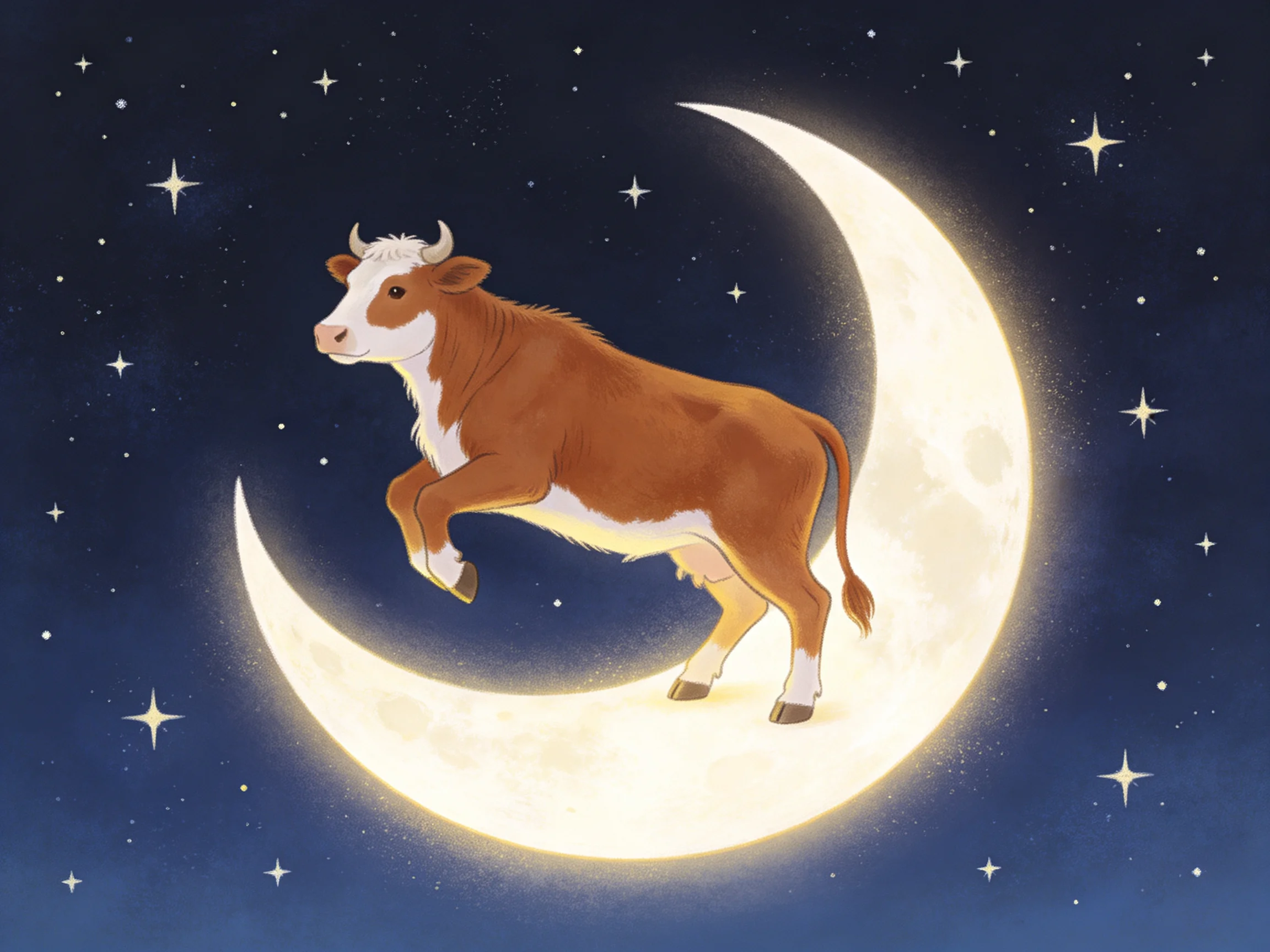A brown and white cow leaps on a glowing crescent moon in starry night
