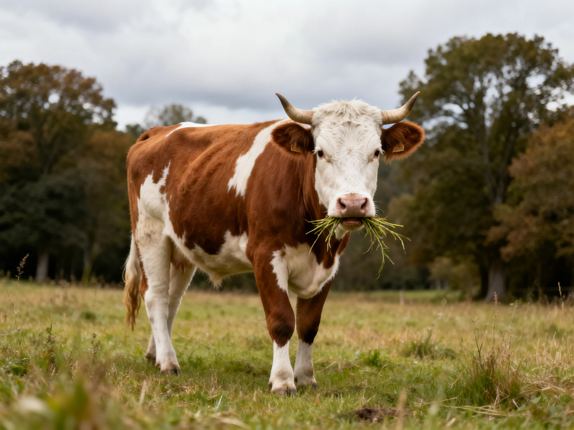 A brown and white cow munches hay in a grassy meadow surrounded by trees