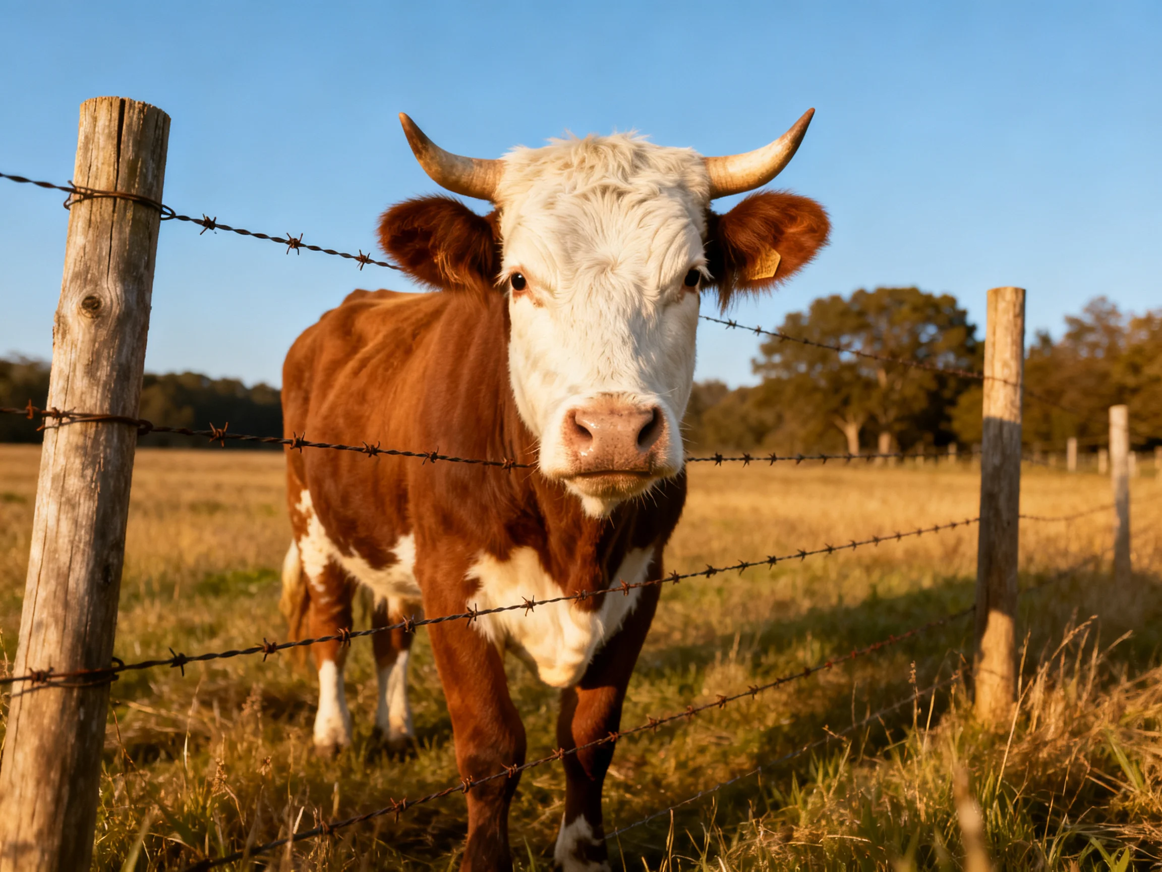 A brown and white cow near a barbed wire fence in a golden field