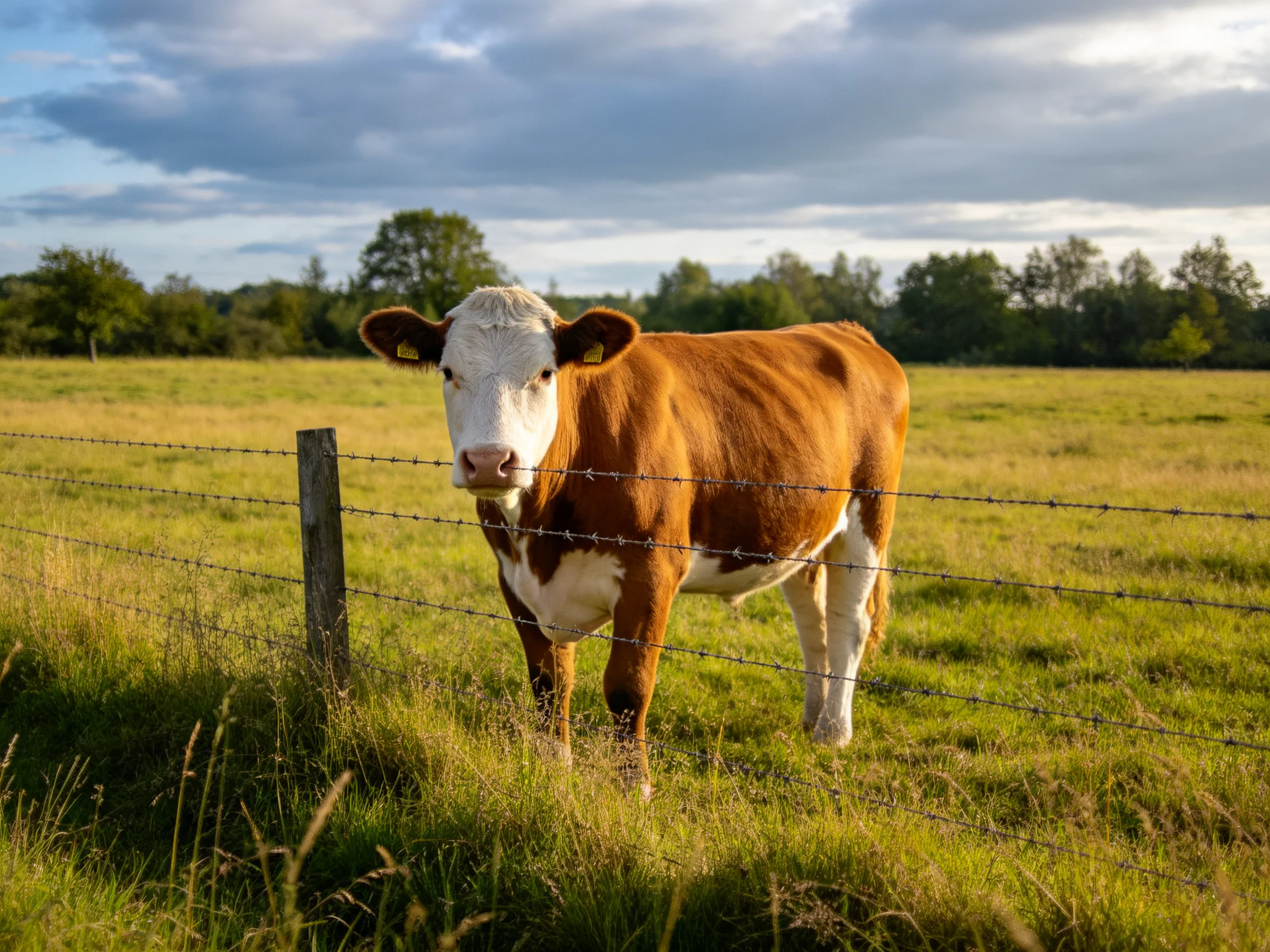 A brown and white cow near a barbed wire fence in a sunlit meadow