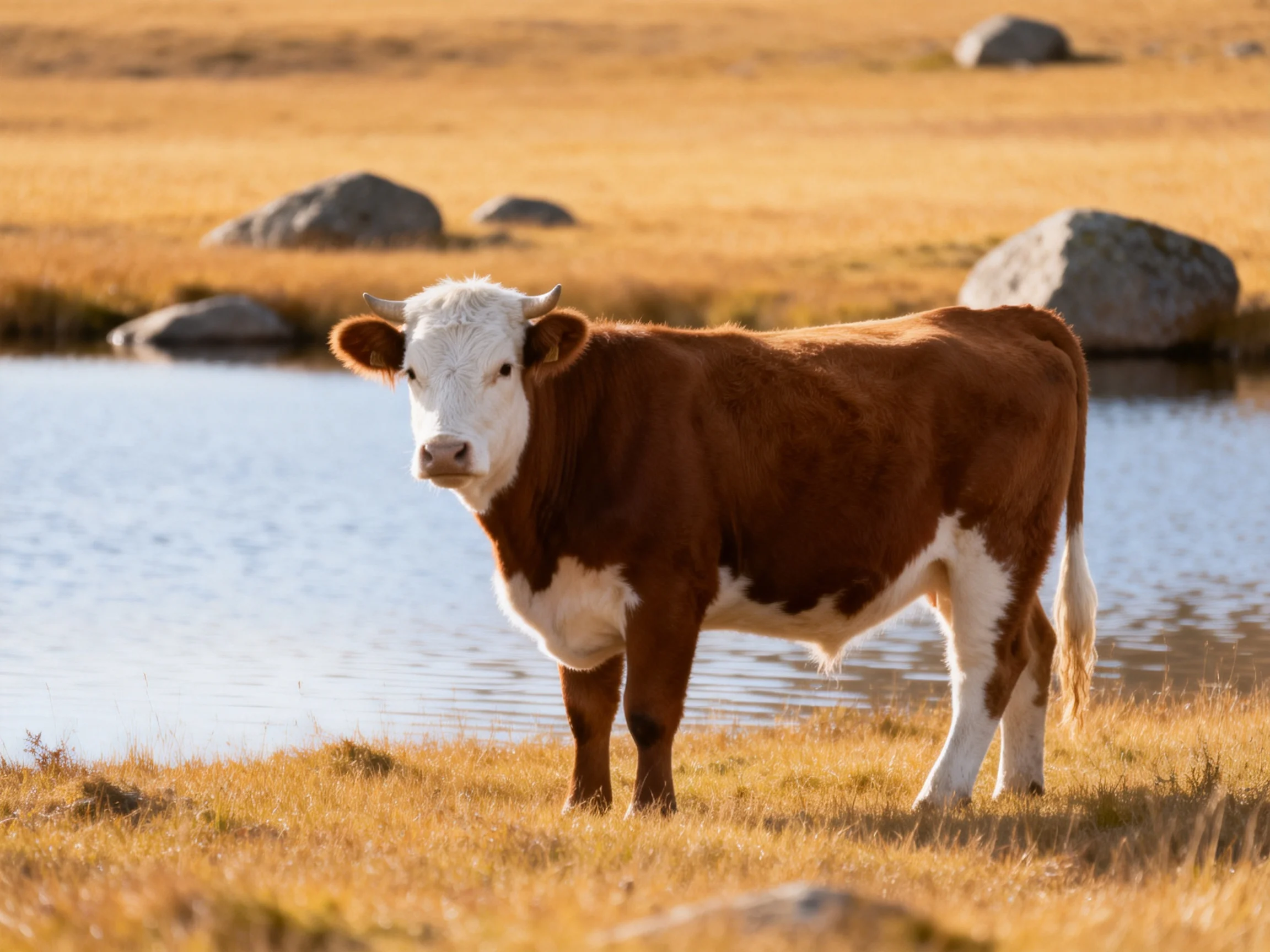 A brown and white cow near a calm pond in golden fields