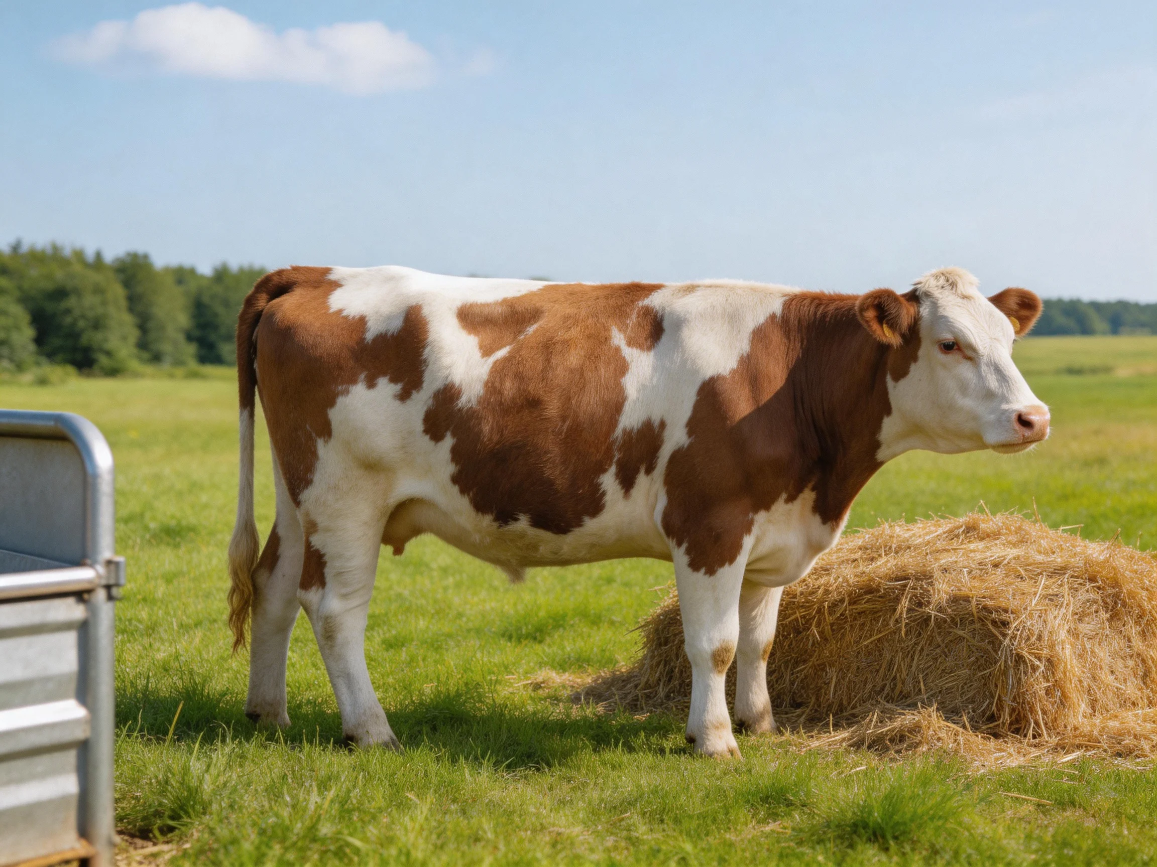 A brown and white cow near a hay bale in a sunlit field
