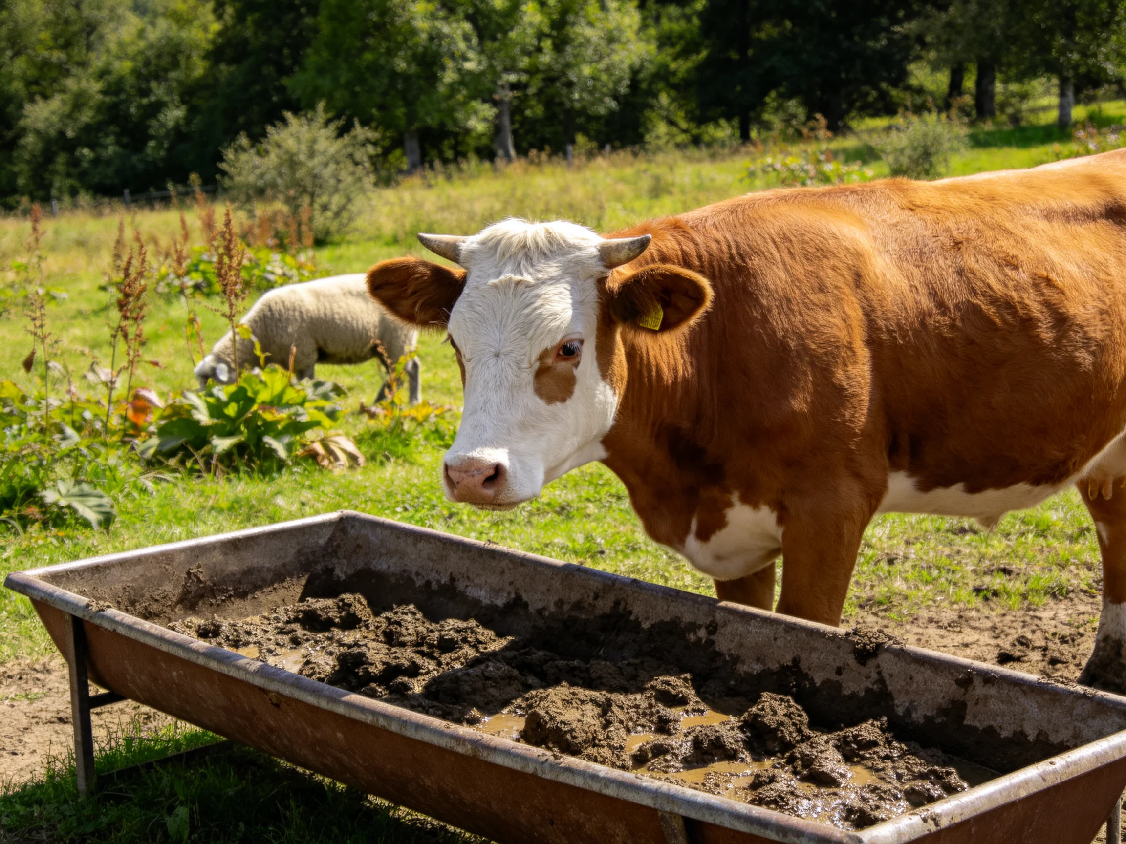 A brown and white cow near a muddy trough with a sheep in the green pasture