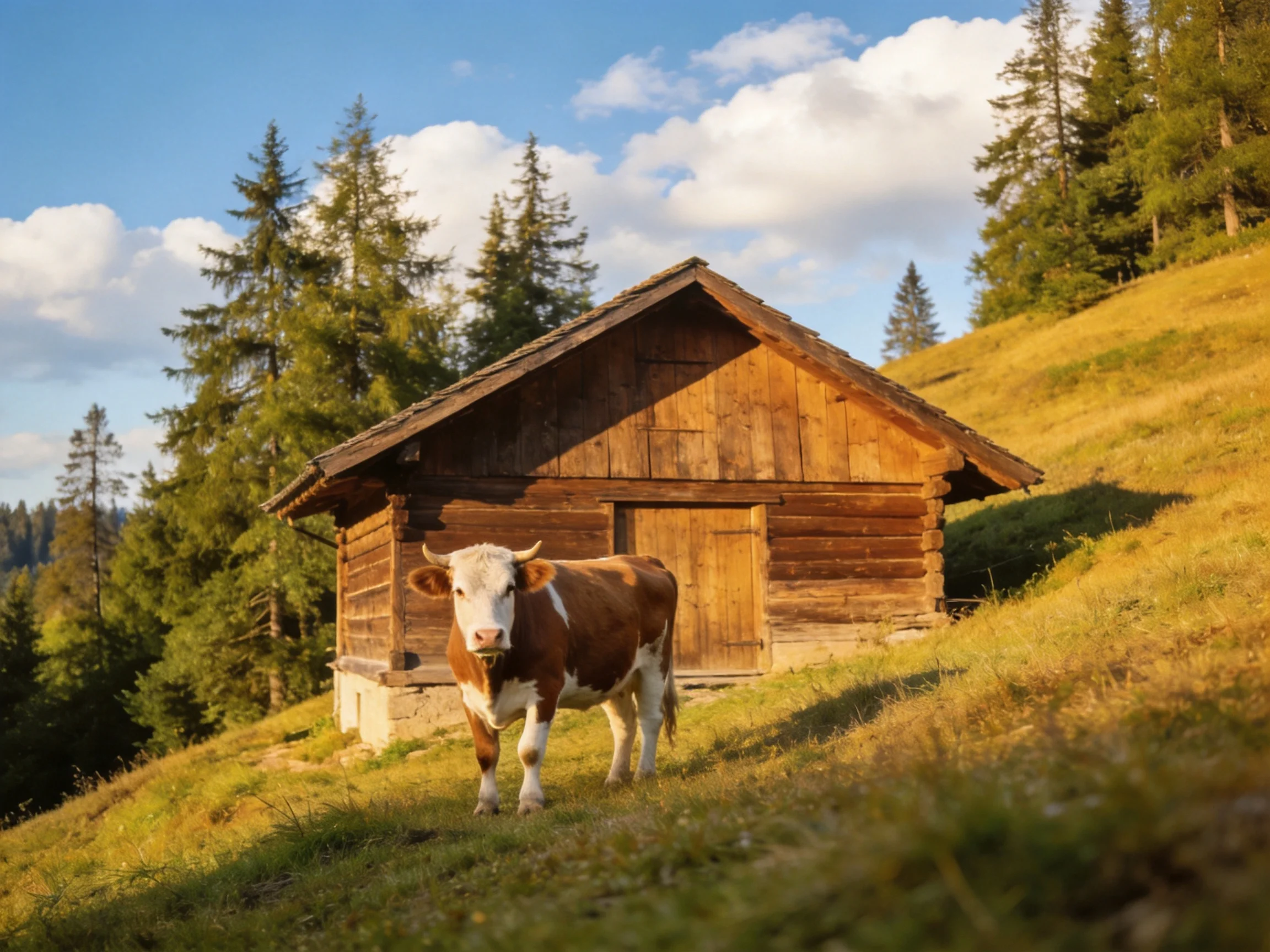 A brown and white cow near a rustic wooden cabin on a grassy hill