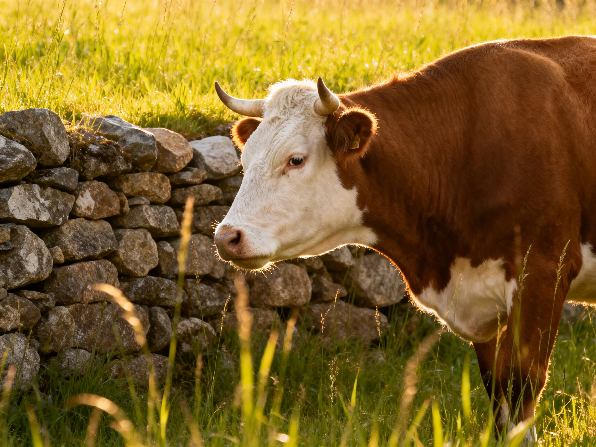 A brown and white cow near a stone wall in sunlit grass