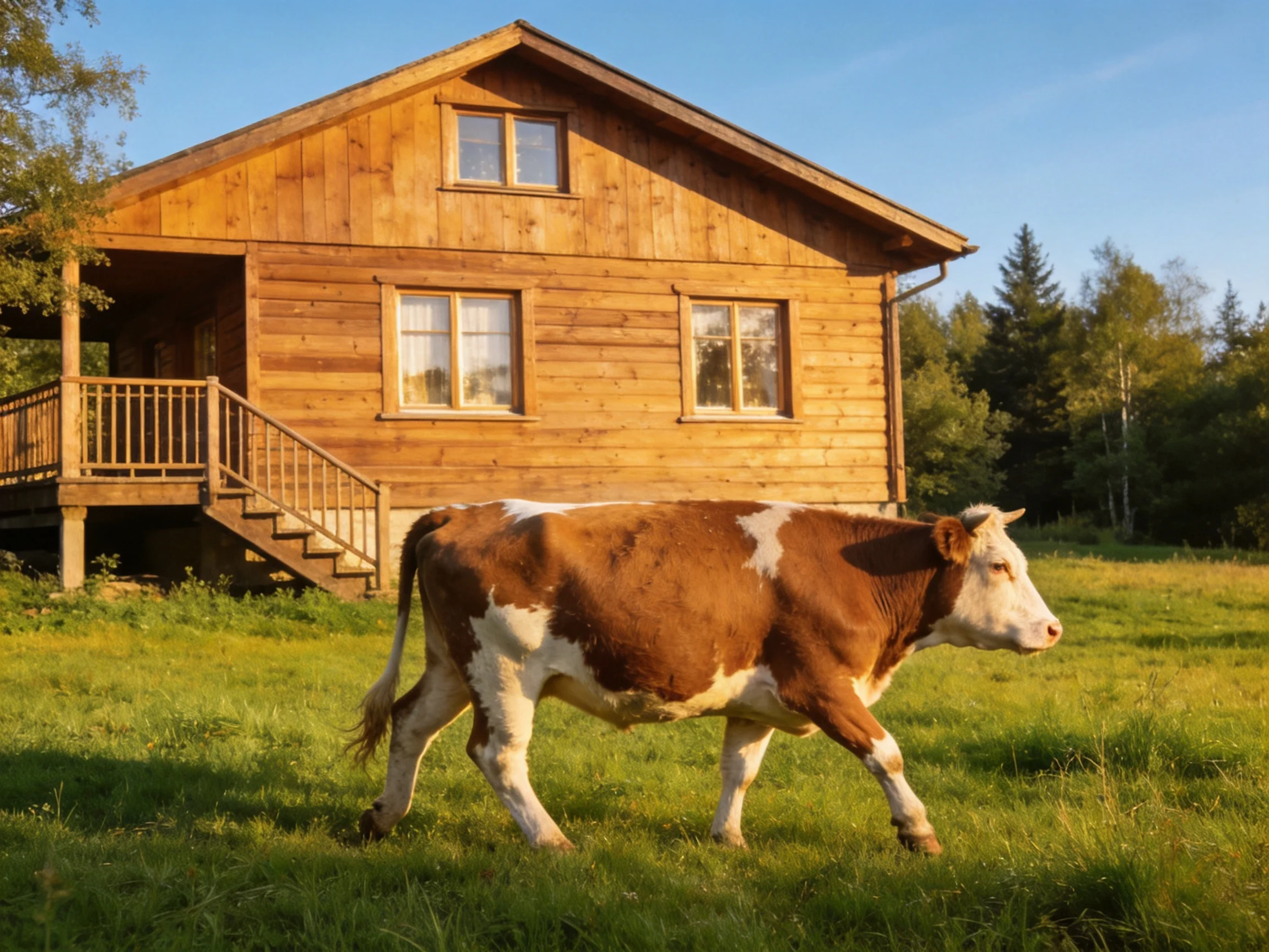 A brown-and-white cow near a two-story wooden cabin