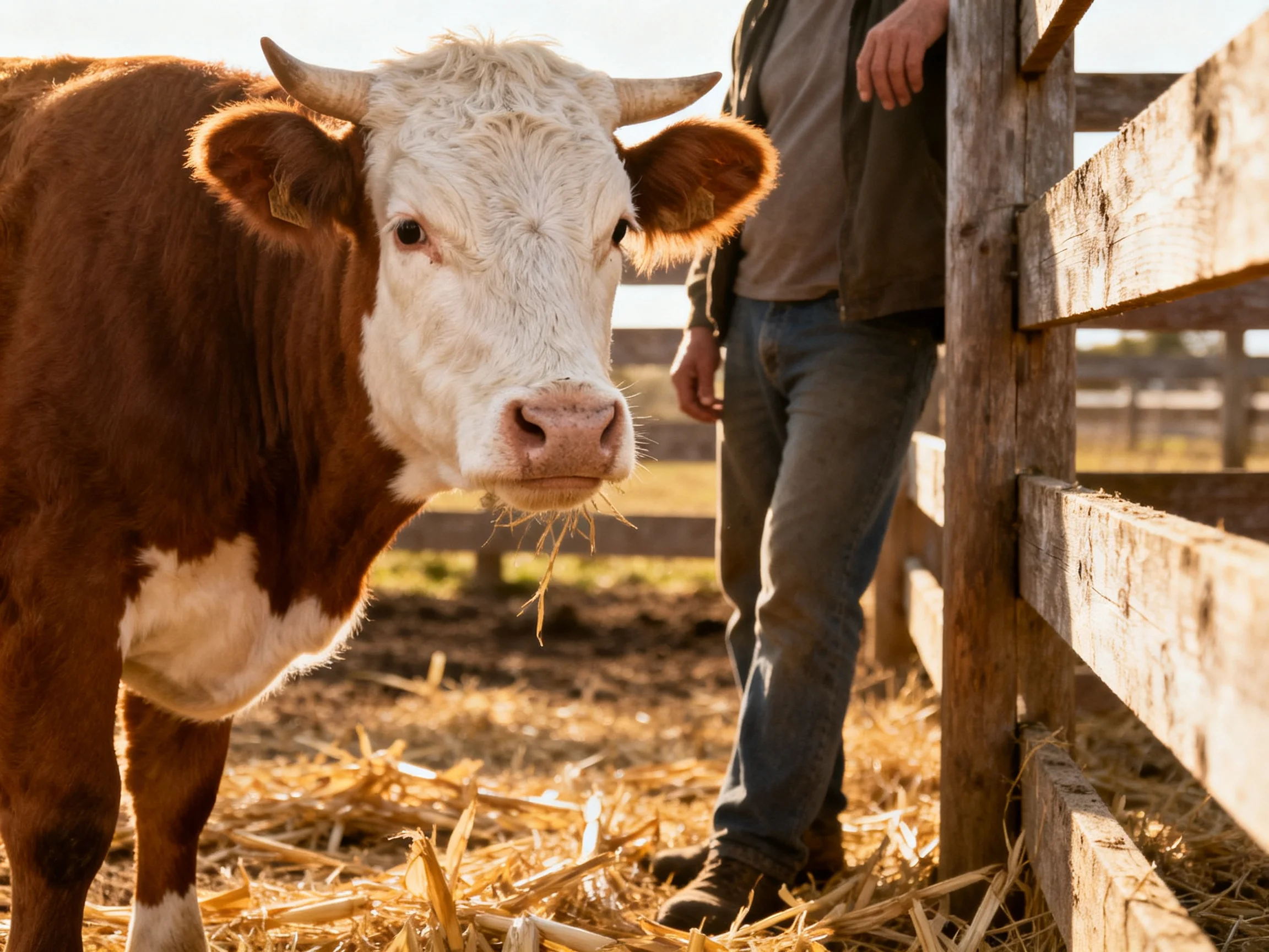 A brown and white cow near a weathered wooden fence with a person