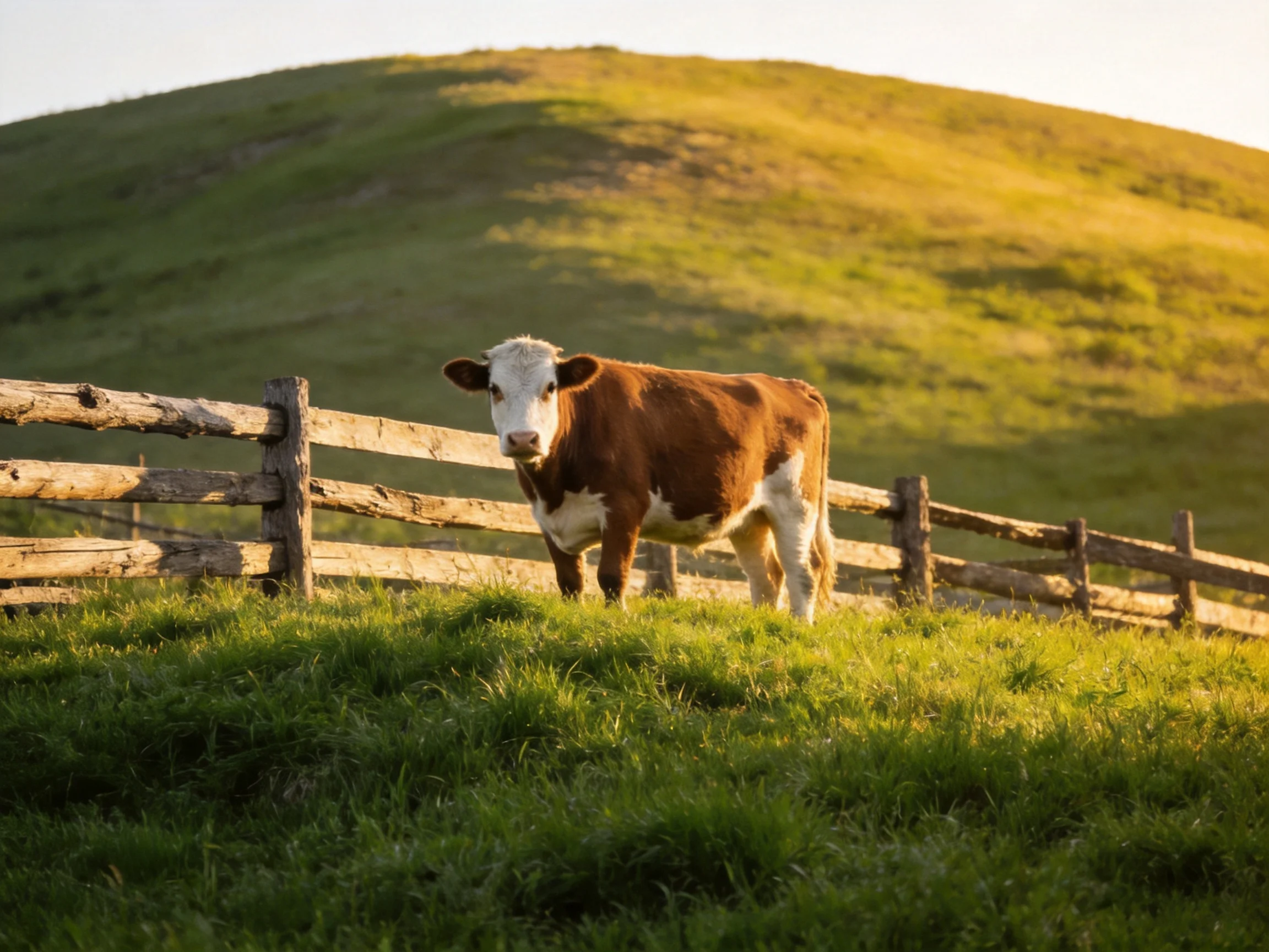 A brown-and-white cow near a wooden fence by a green hillside