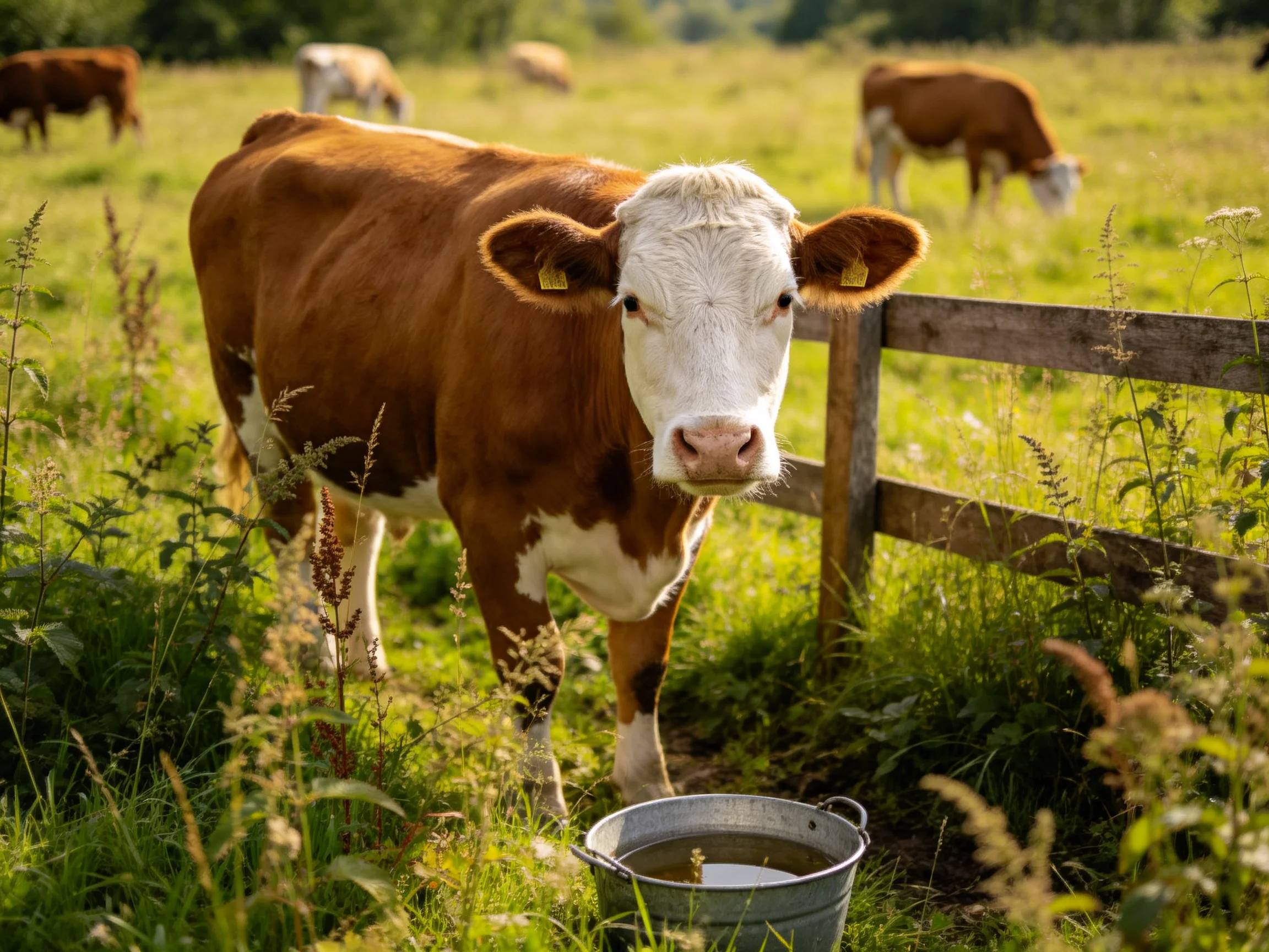 A brown and white cow near a wooden fence in a green pasture