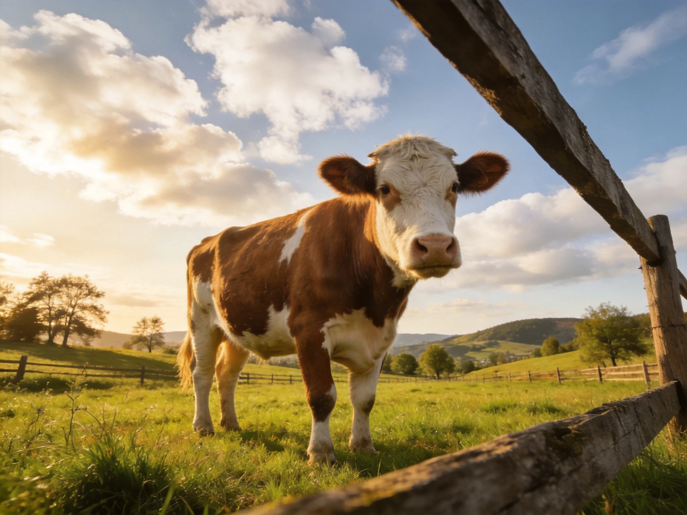 A brown and white cow near a wooden fence in a sunlit pasture
