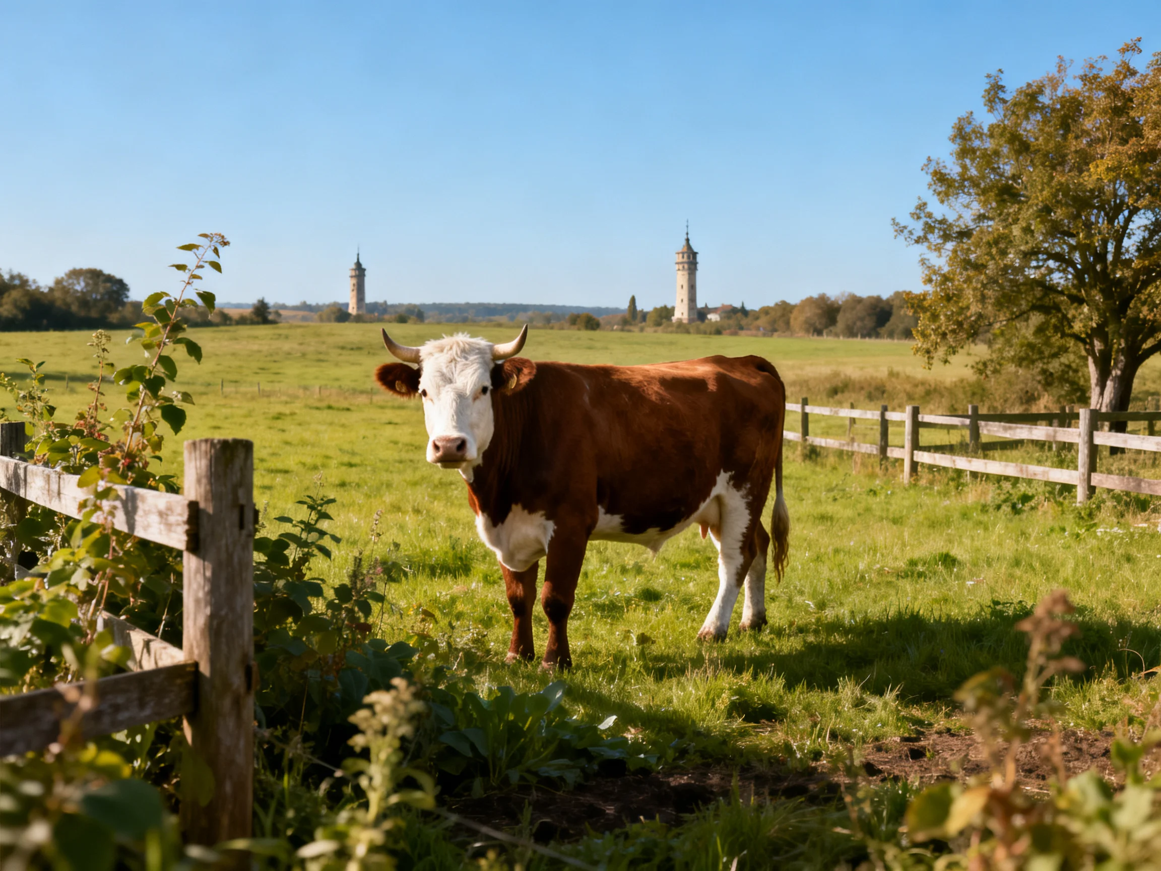 A brown and white cow near a wooden fence in a sunny pasture