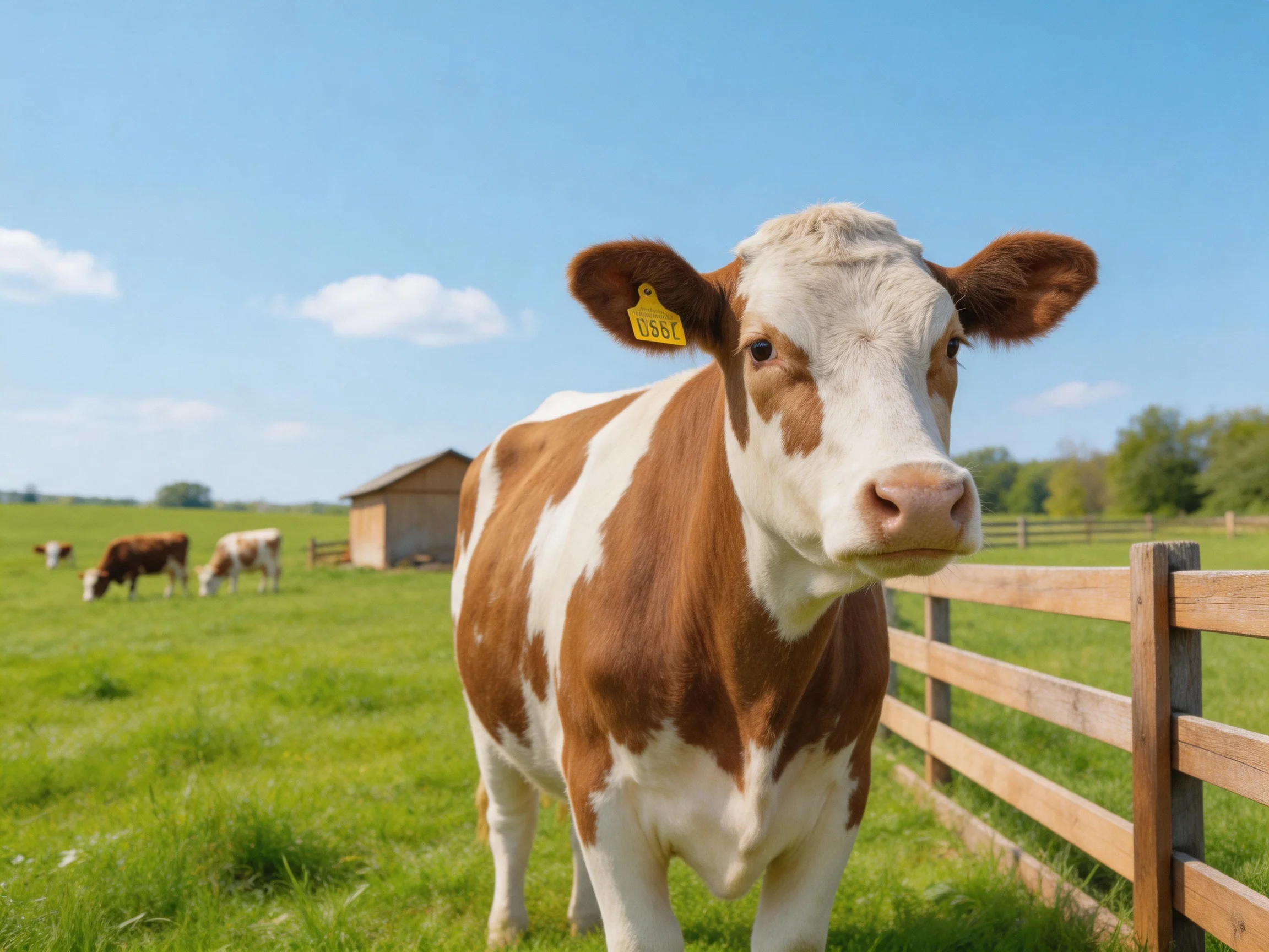 A brown-and-white cow near a wooden fence in a sunny pasture