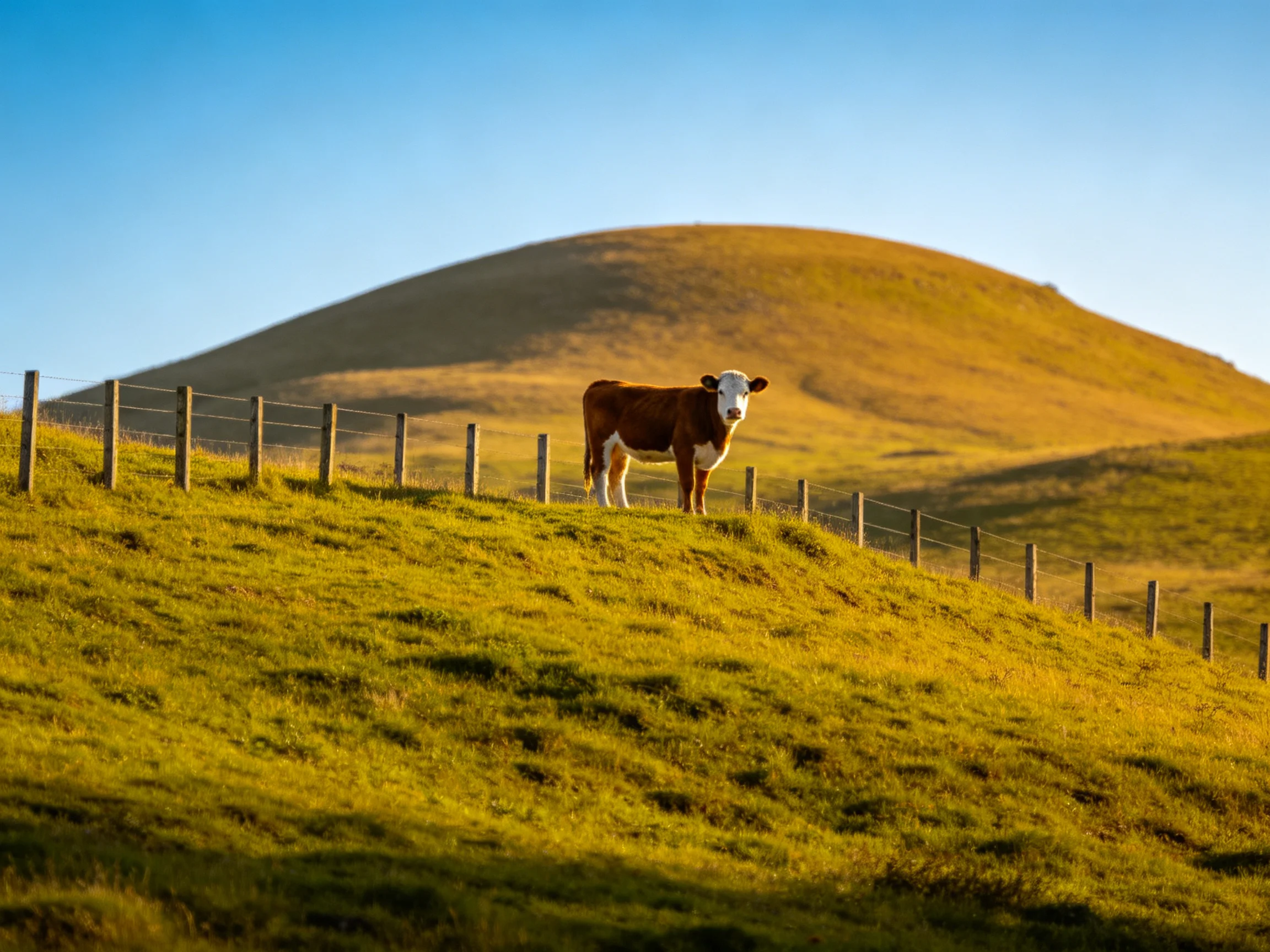 A brown and white cow near a wooden fence on sunlit rolling hills