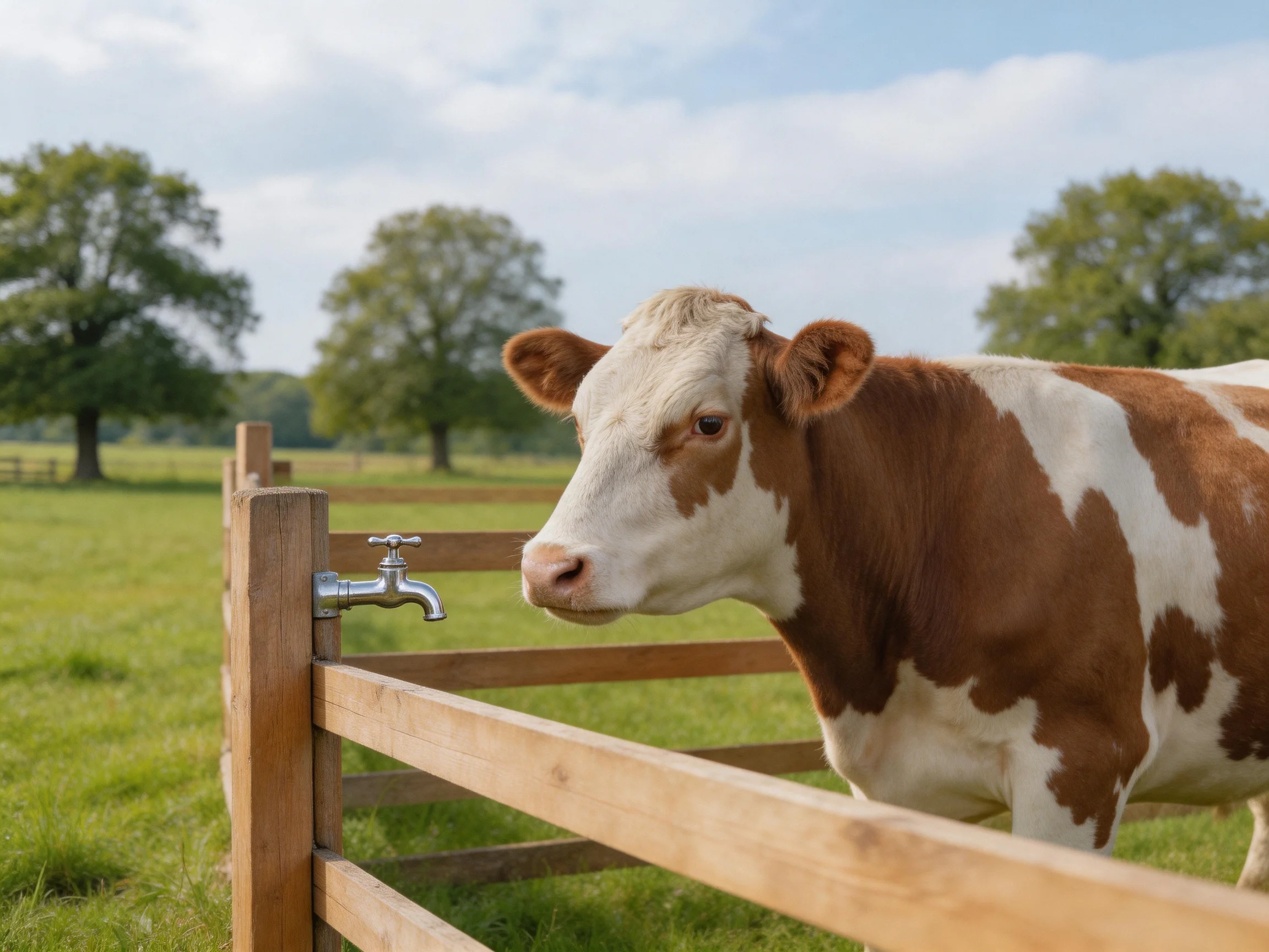 A brown and white cow near a wooden fence with a metal faucet