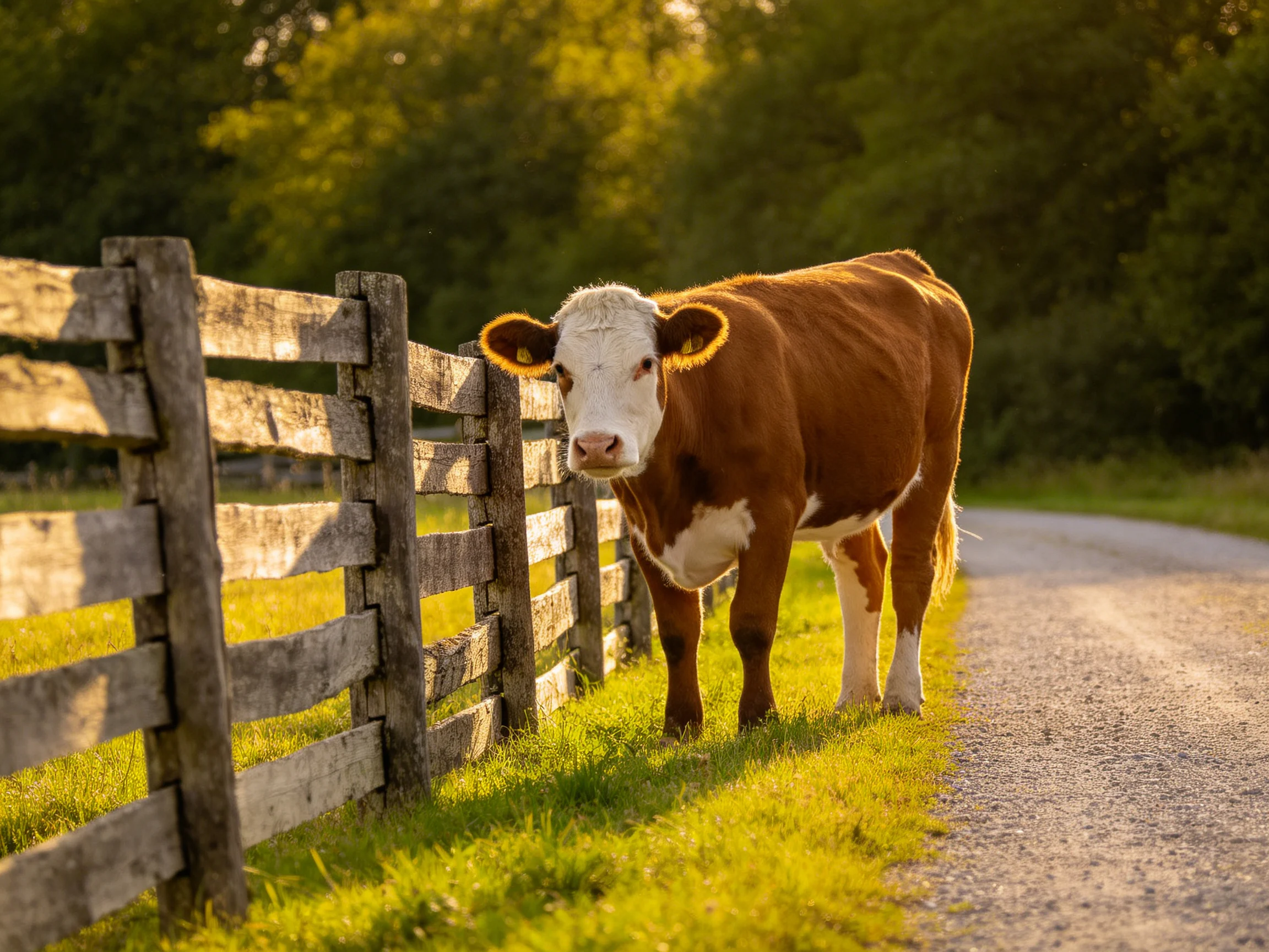 A brown and white cow near an aged wooden fence by a gravel path