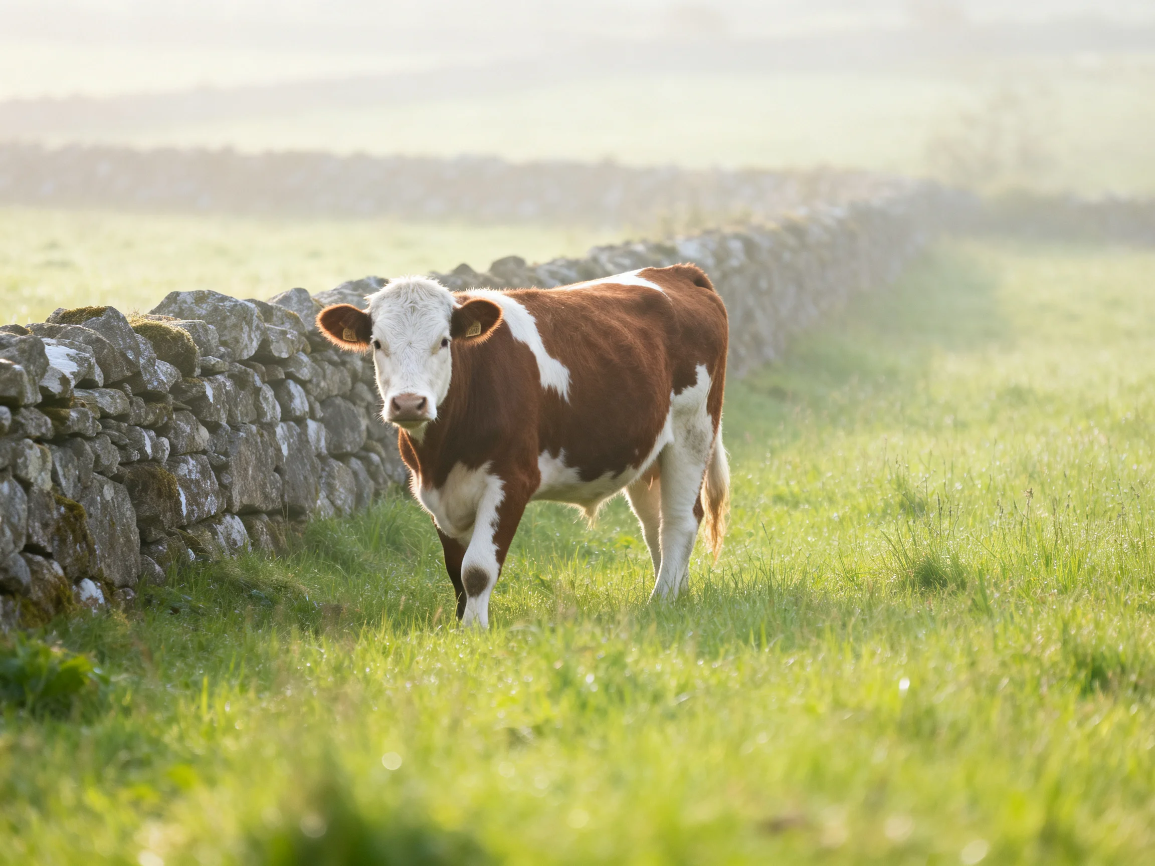 A brown and white cow near an old stone wall in a green meadow