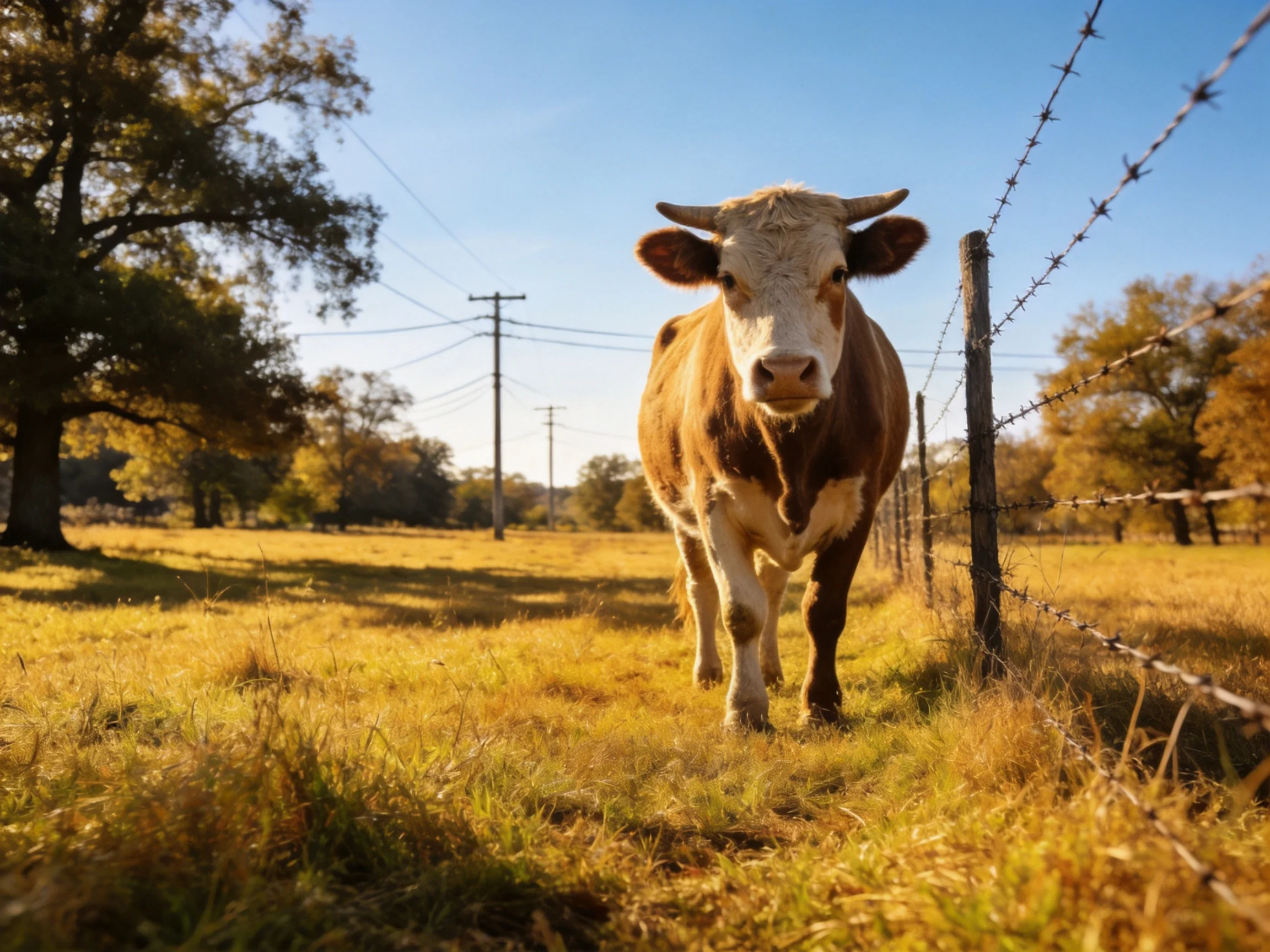 A brown and white cow near barbed wire fence in golden pasture