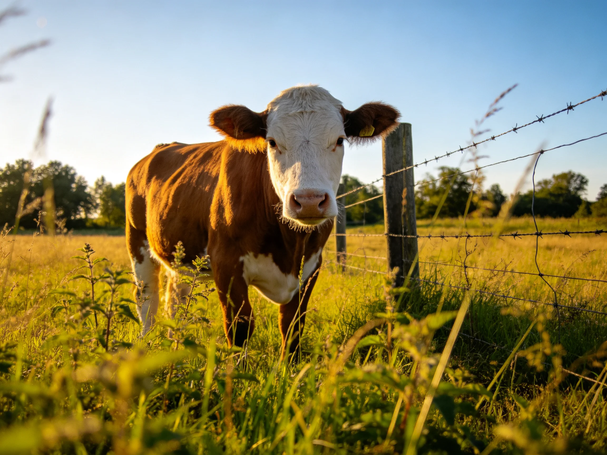 A brown and white cow near barbed wire fence in sunlit field
