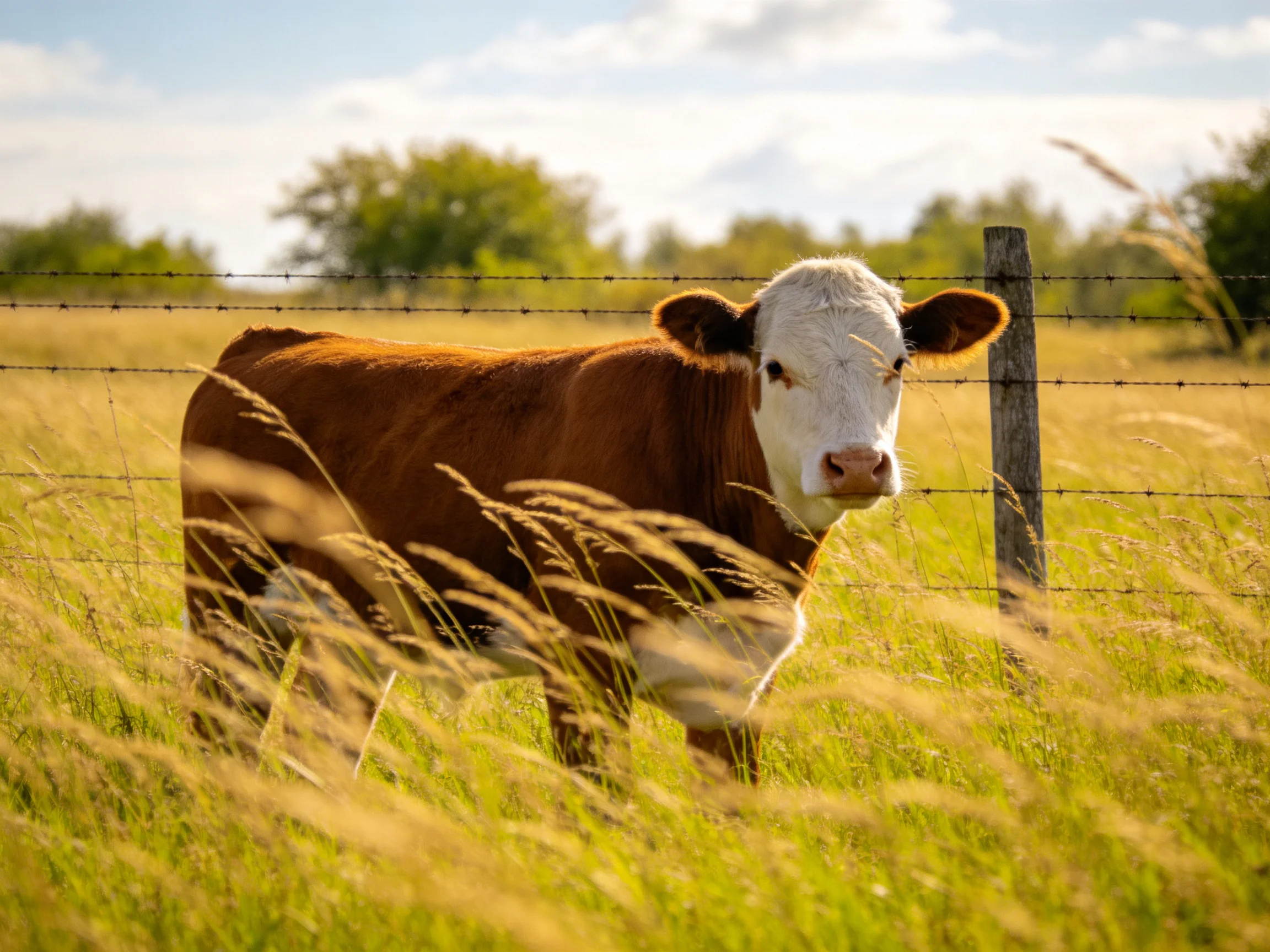 A brown and white cow near barbed wire fence in sunlit meadow