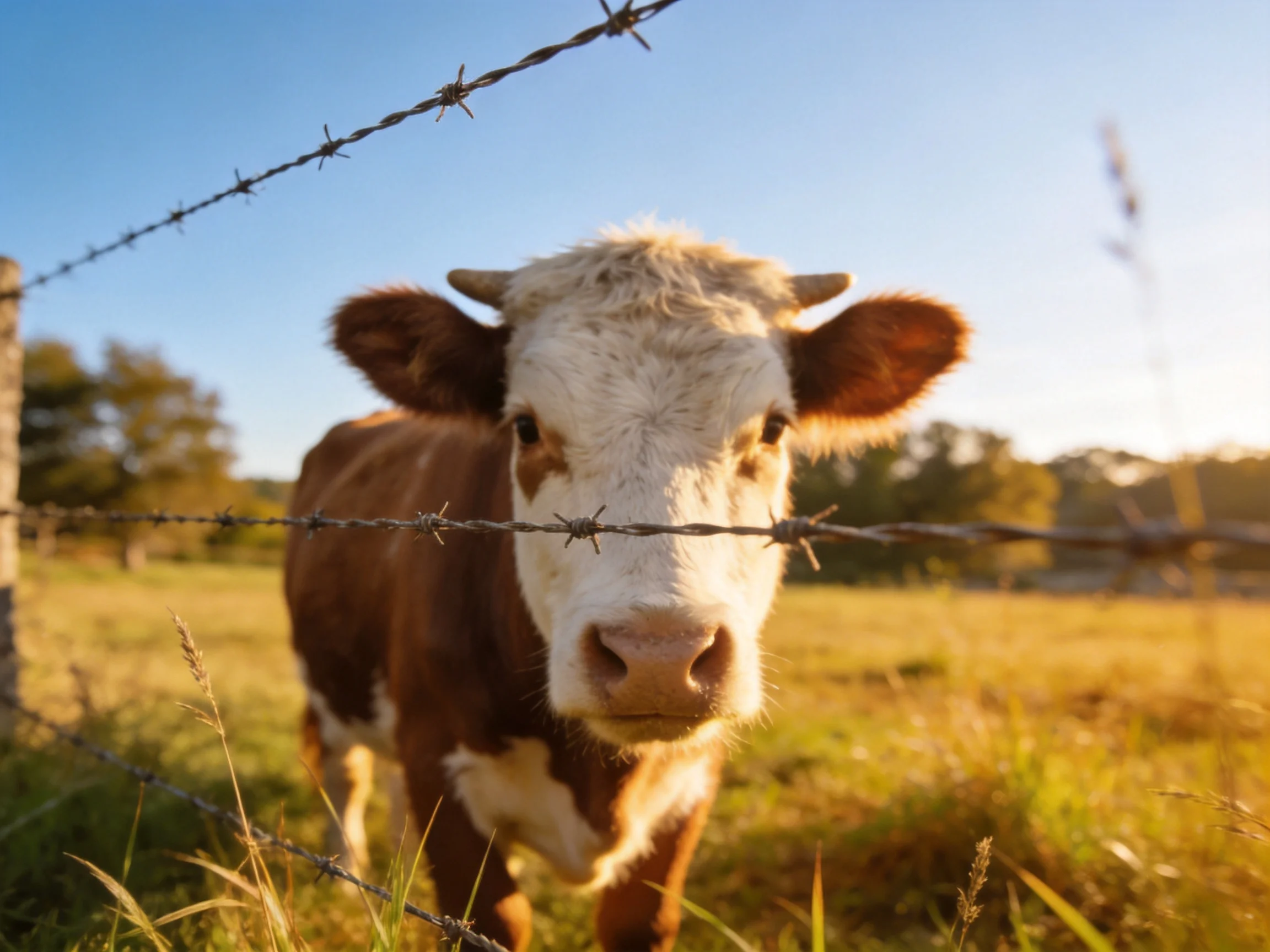 A brown and white cow near barbed wire fence in sunlit pasture