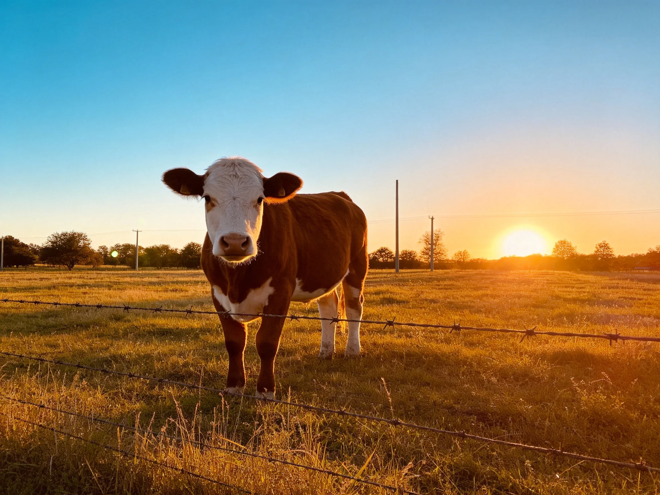 A brown and white cow near barbed wire fence under golden sunset