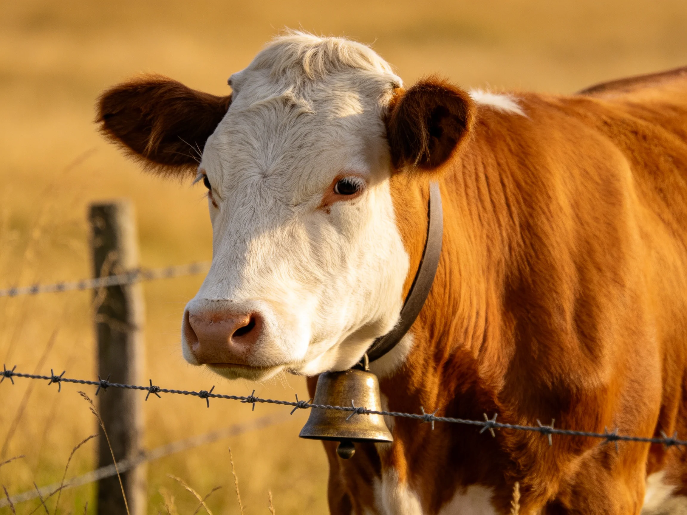 A brown and white cow near barbed wire fence with a brass bell
