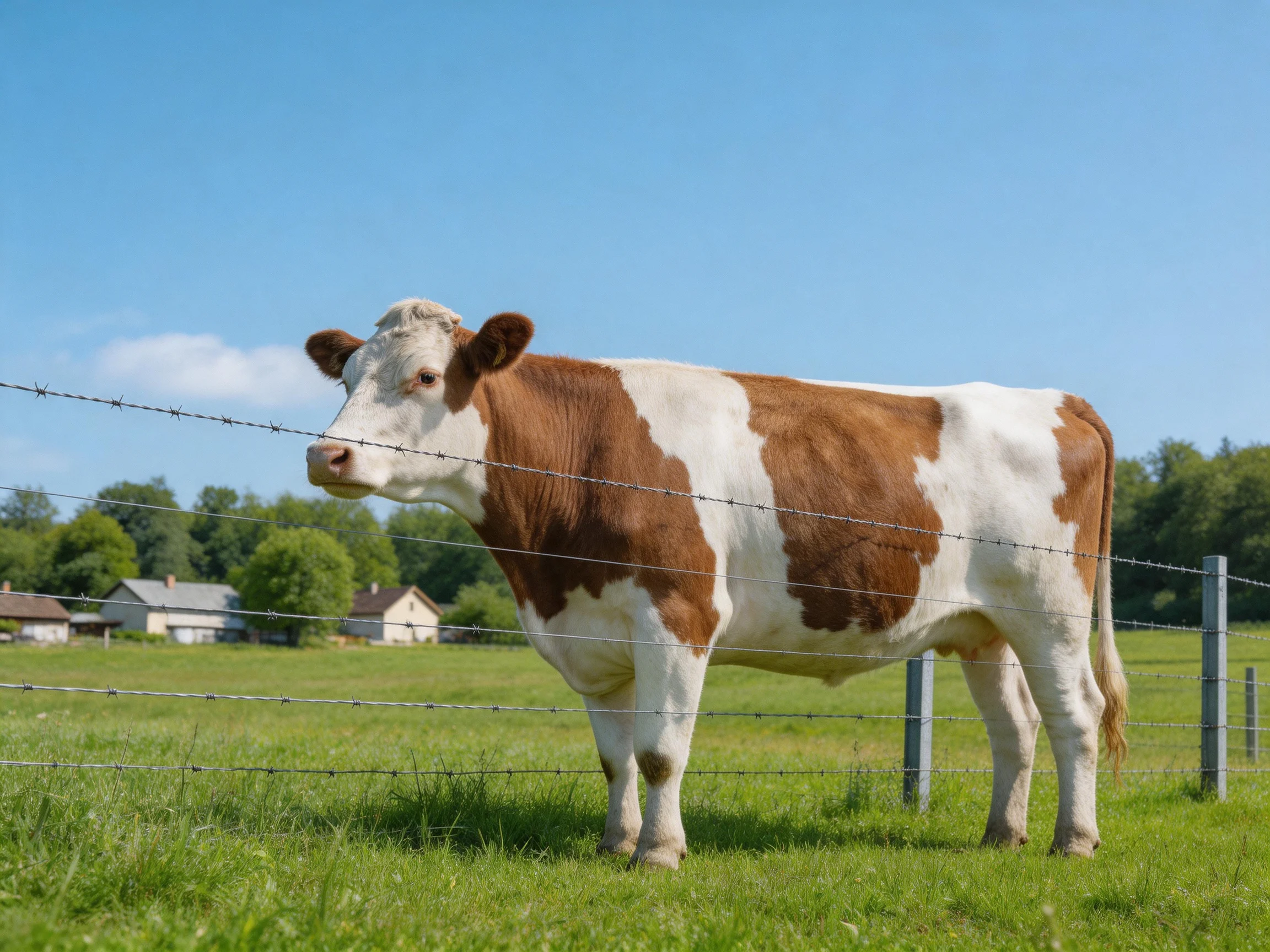 A brown and white cow near barbed wire fencing in a sunny pasture